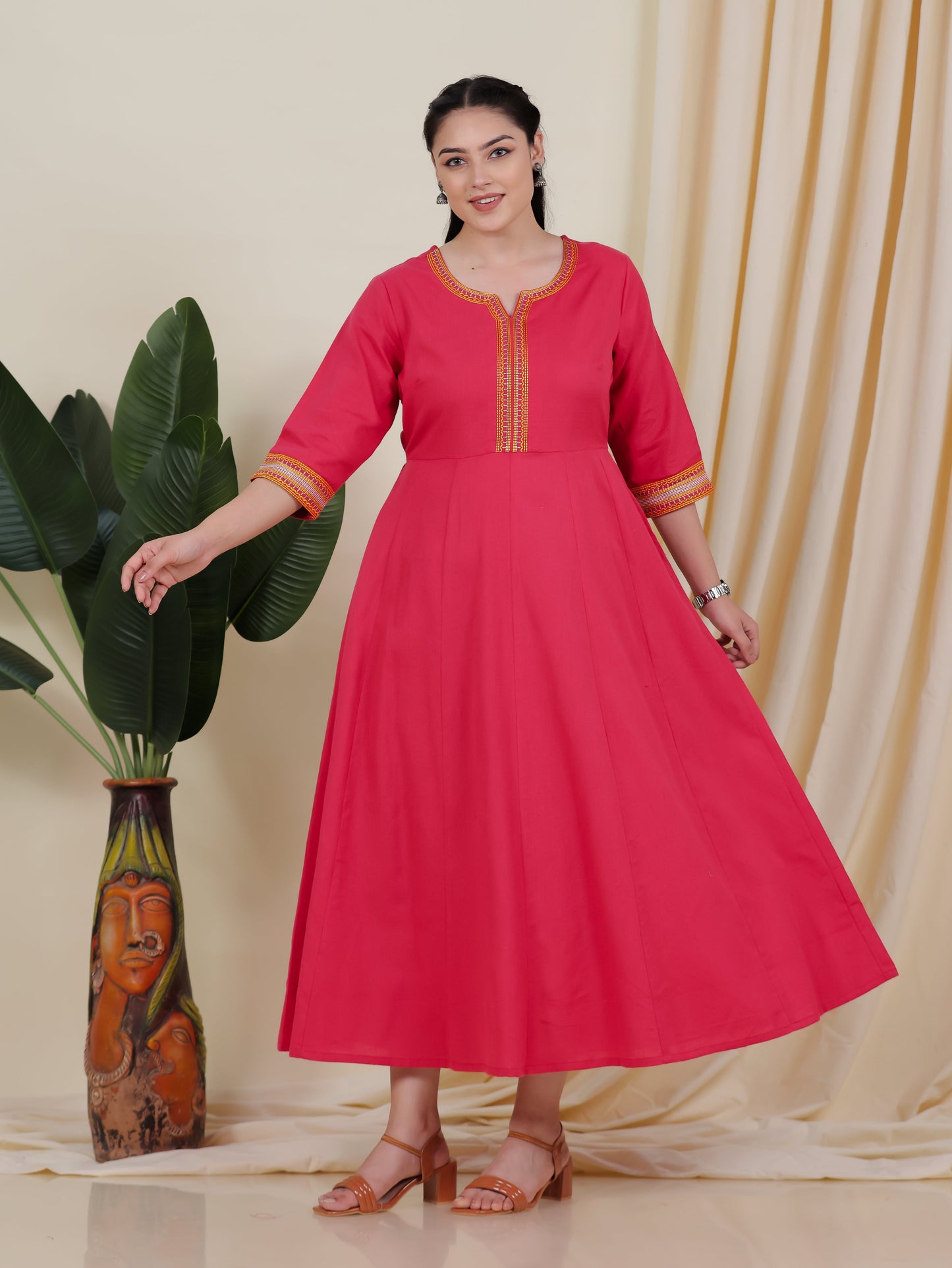 Embroidered Linen Cotton Solid Anarkali Peach Kurta
