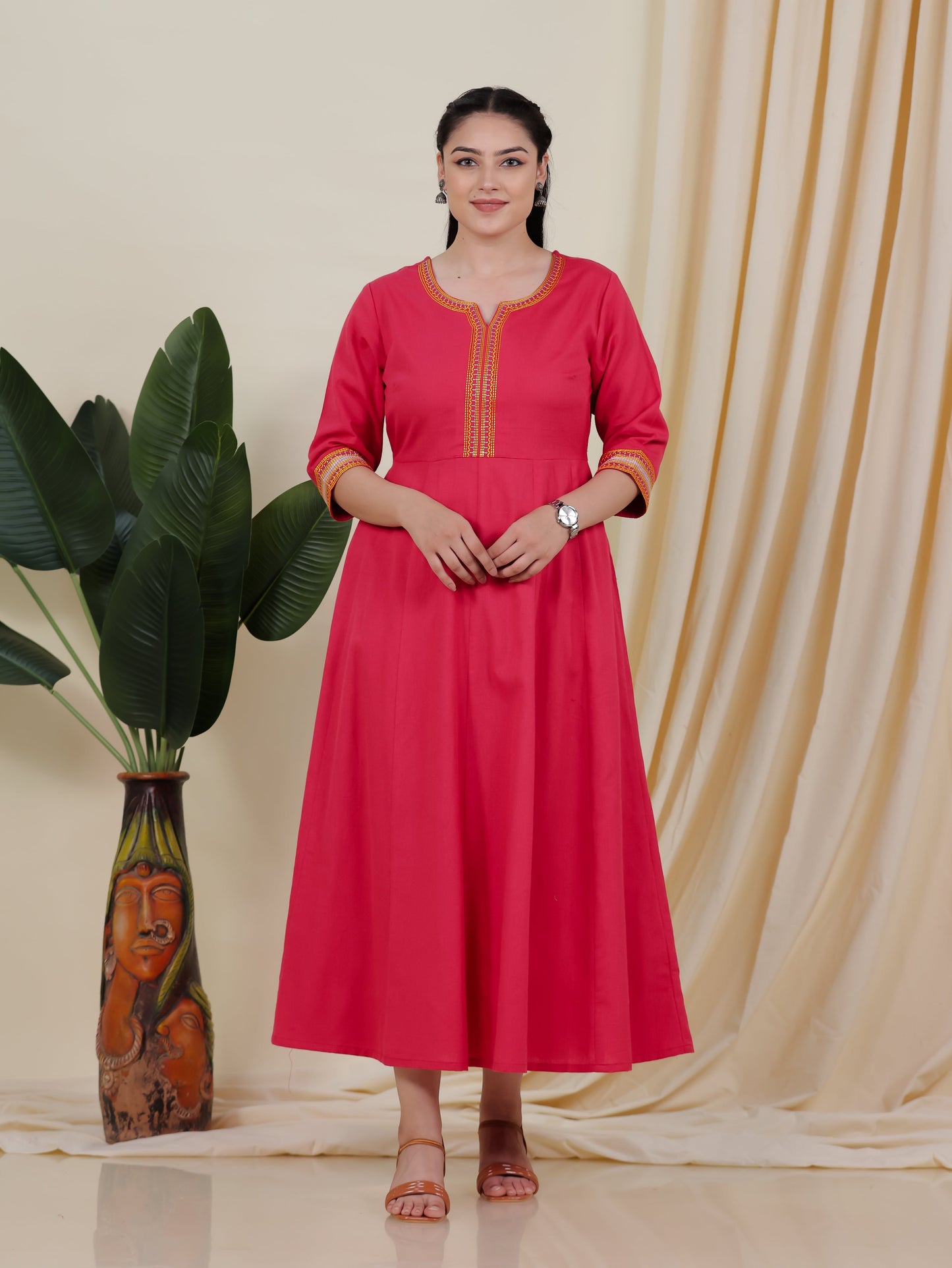 Embroidered Linen Cotton Solid Anarkali Peach Kurta
