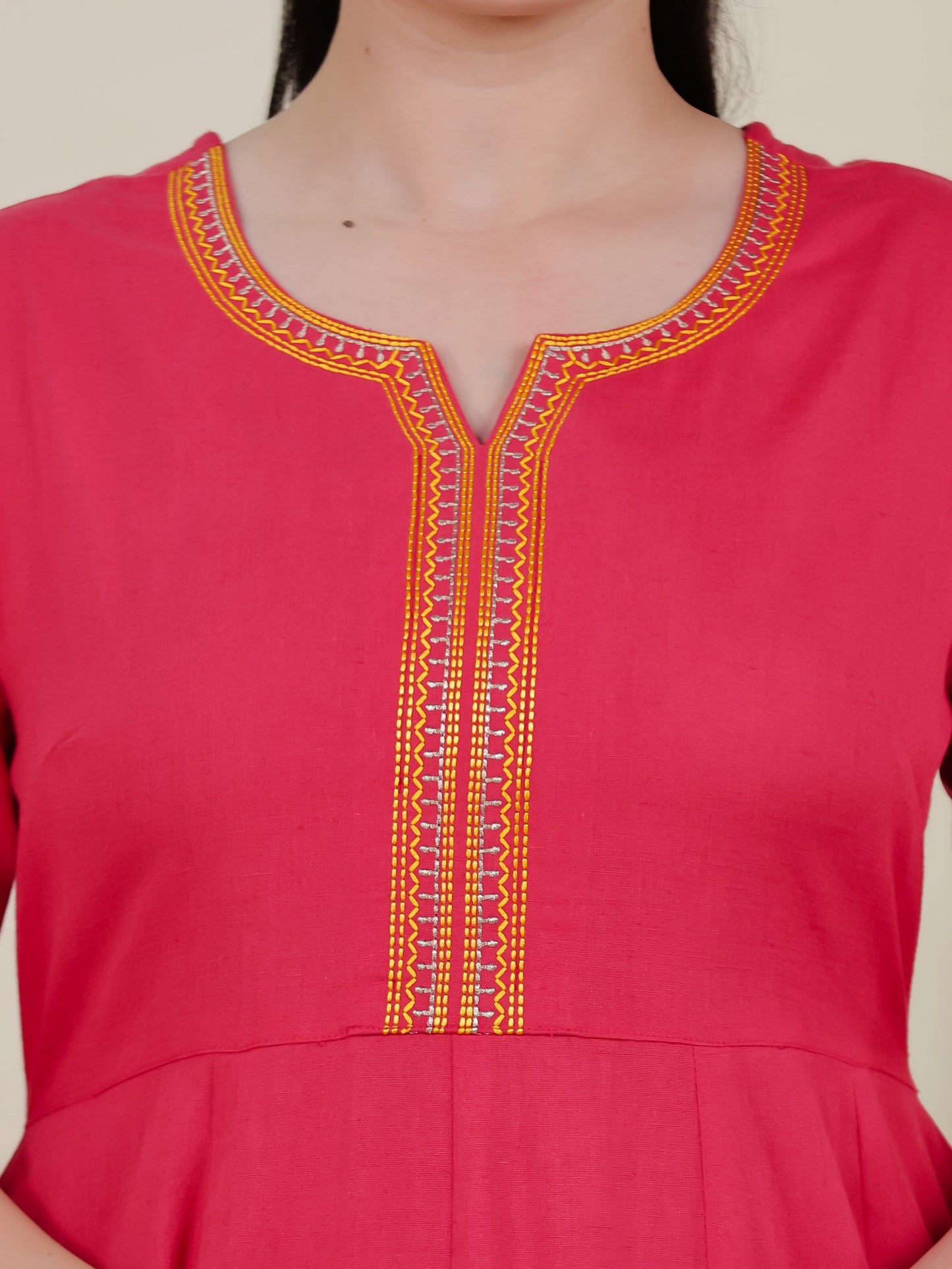 Embroidered Linen Cotton Solid Anarkali Peach Kurta