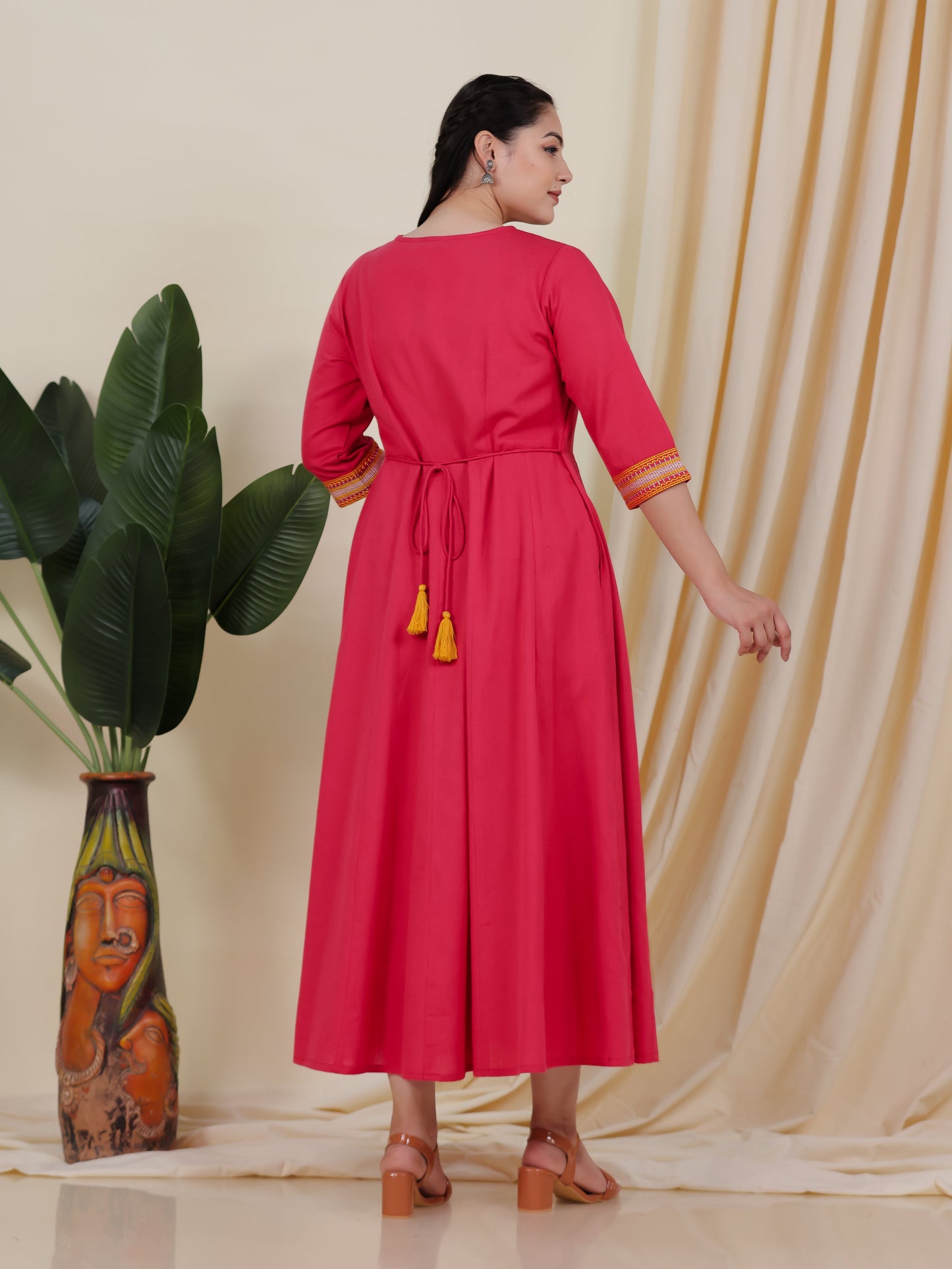 Embroidered Linen Cotton Solid Anarkali Peach Kurta