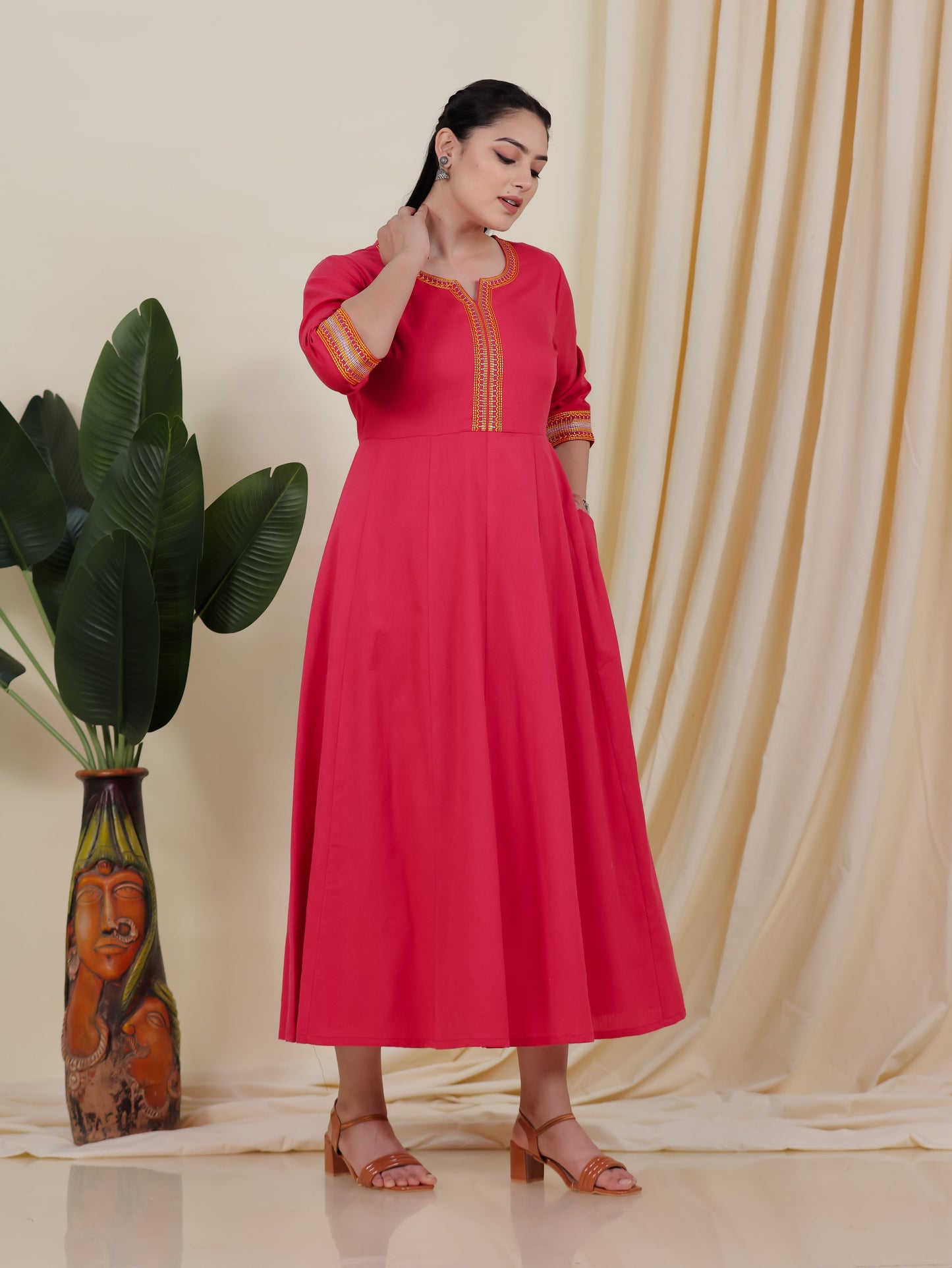 Embroidered Linen Cotton Solid Anarkali Peach Kurta