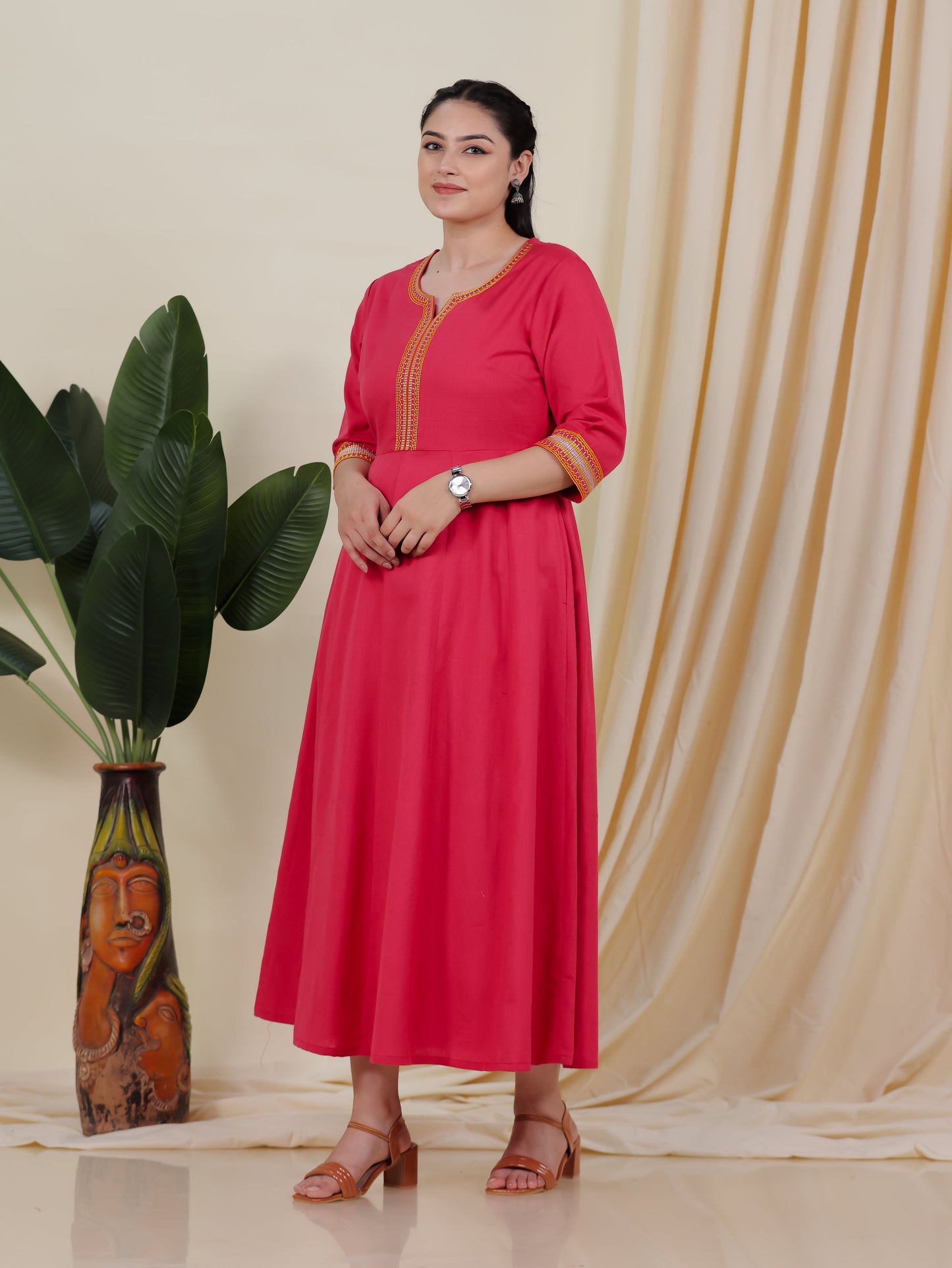 Embroidered Linen Cotton Solid Anarkali Peach Kurta