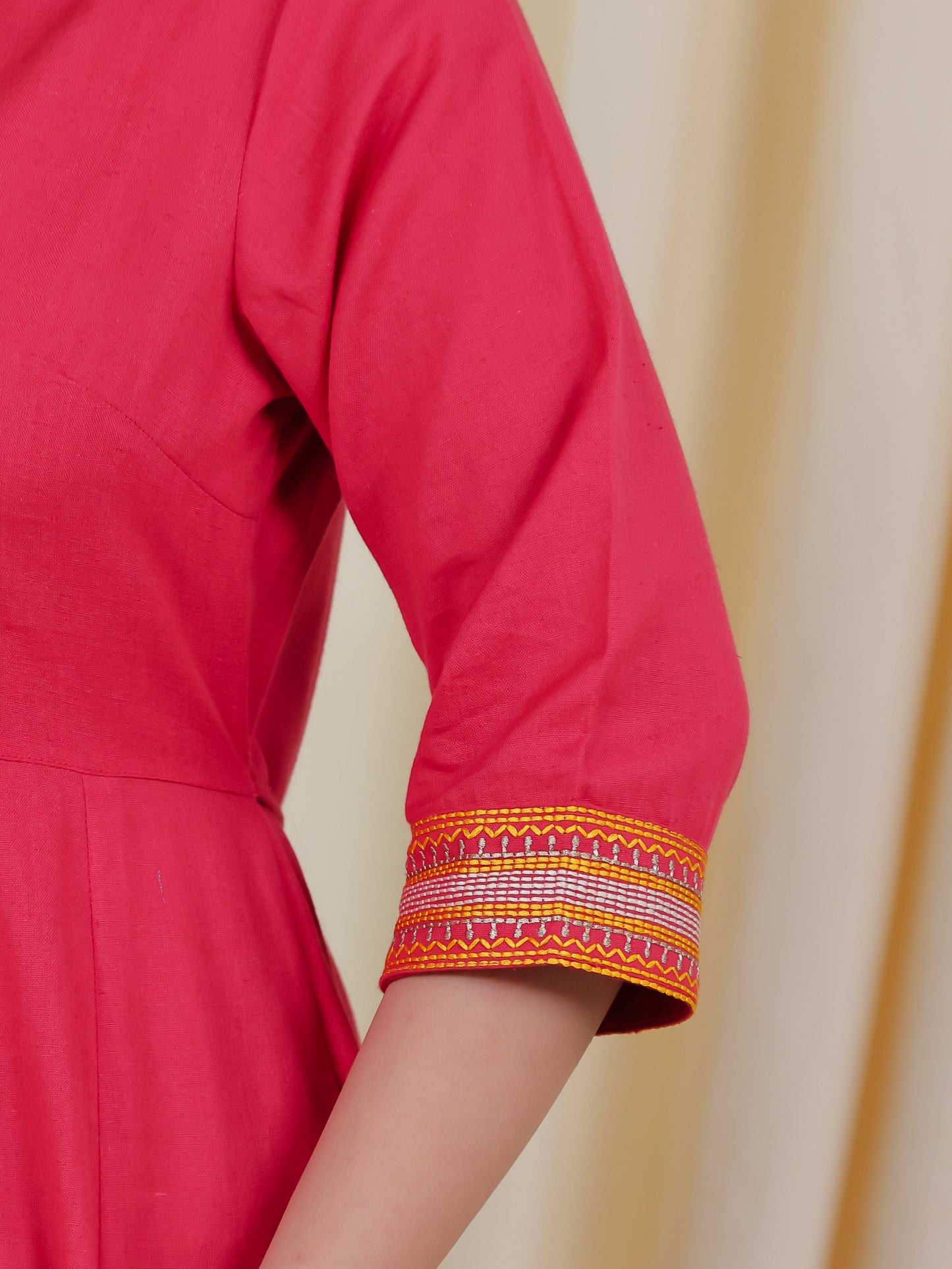 Embroidered Linen Cotton Solid Anarkali Peach Kurta