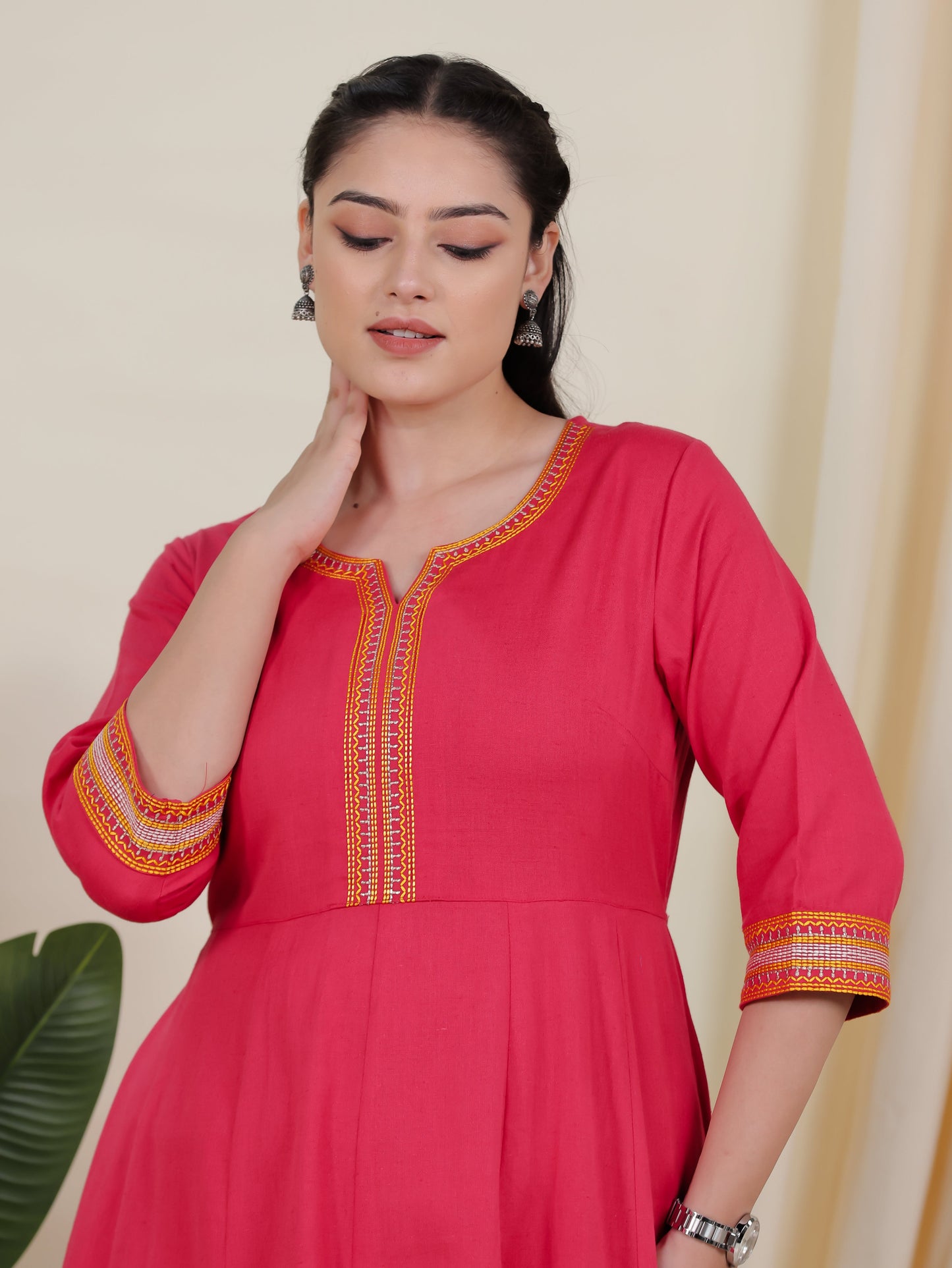Embroidered Linen Cotton Solid Anarkali Peach Kurta
