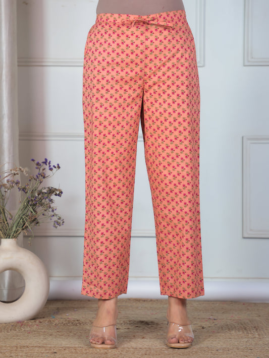 Soft Cotton Floral Peach Straight Trousers