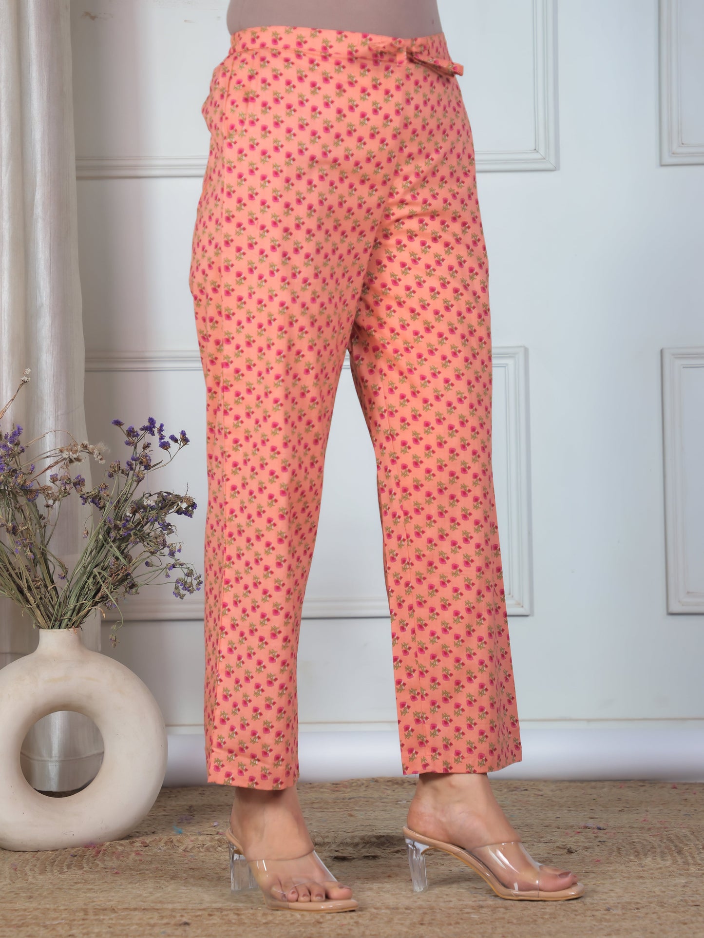 Soft Cotton Floral Peach Straight Trousers