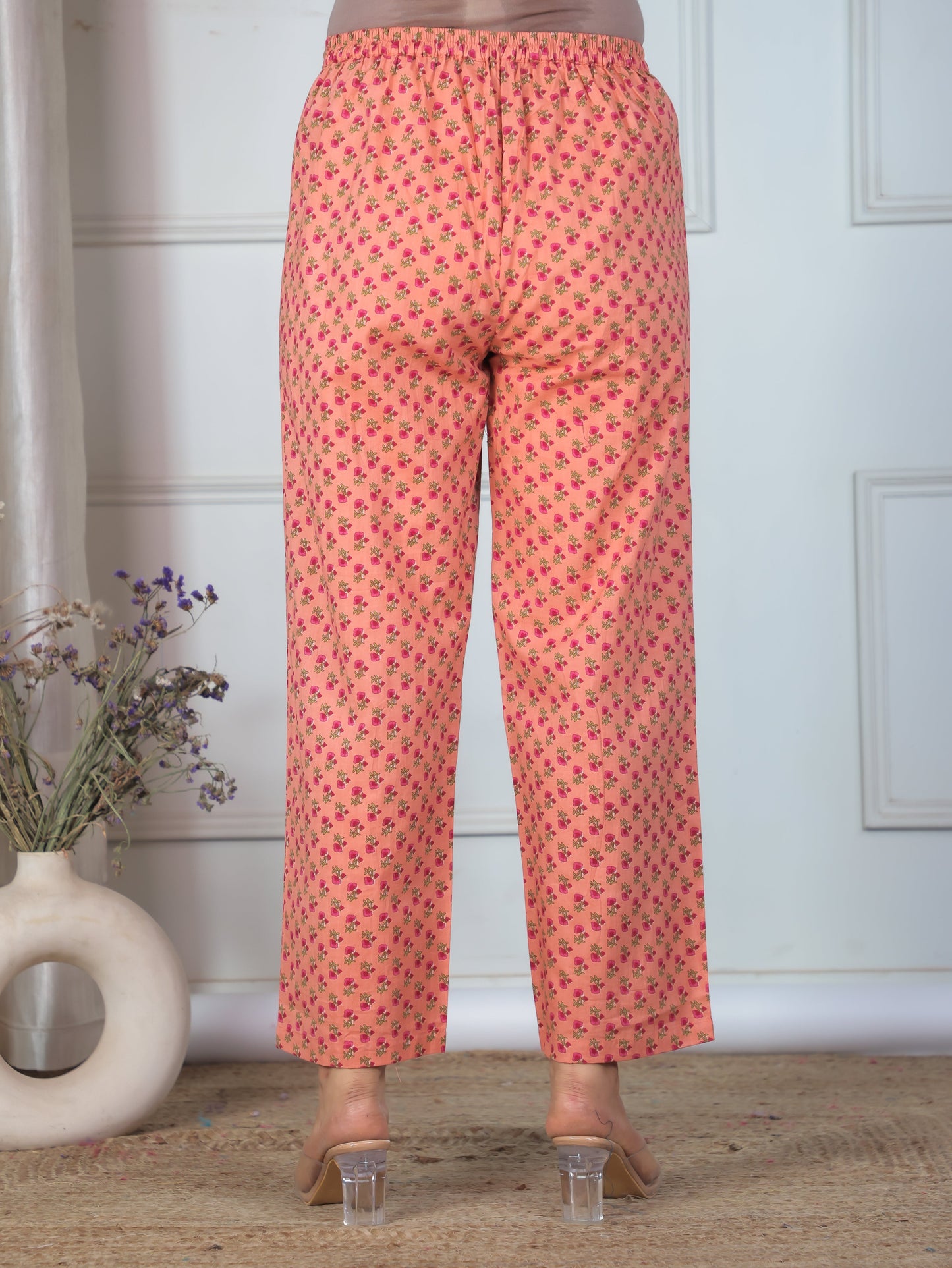 Soft Cotton Floral Peach Straight Trousers
