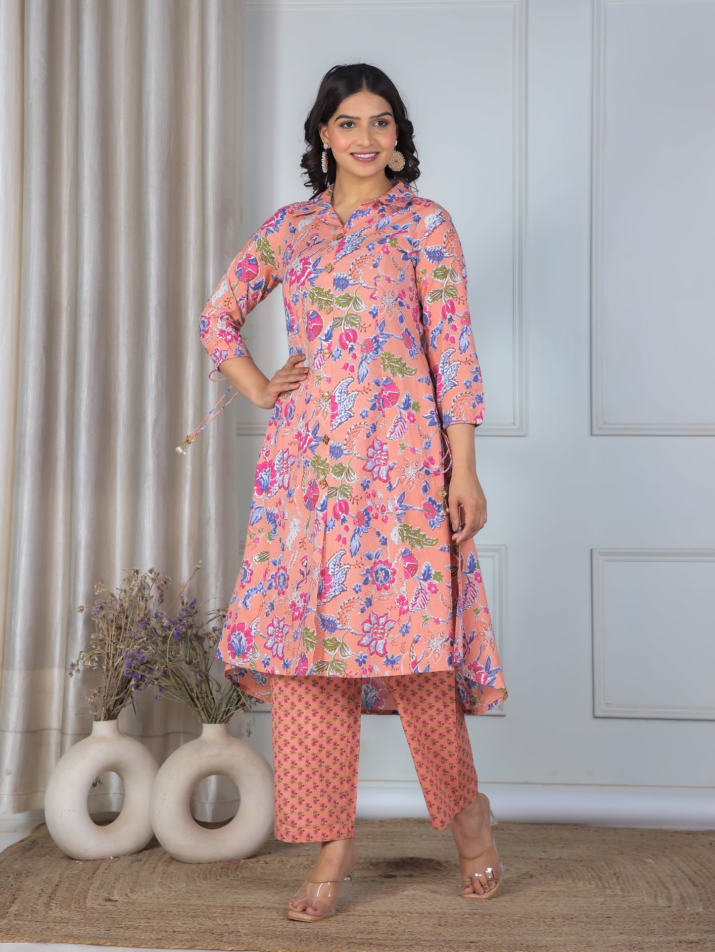 Soft Cotton Floral High Low Peach Kurta