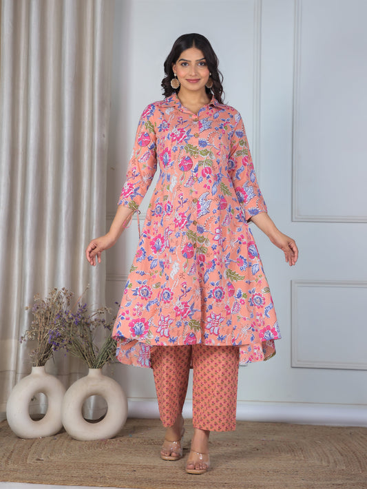 Soft Cotton Floral High Low Peach Kurta