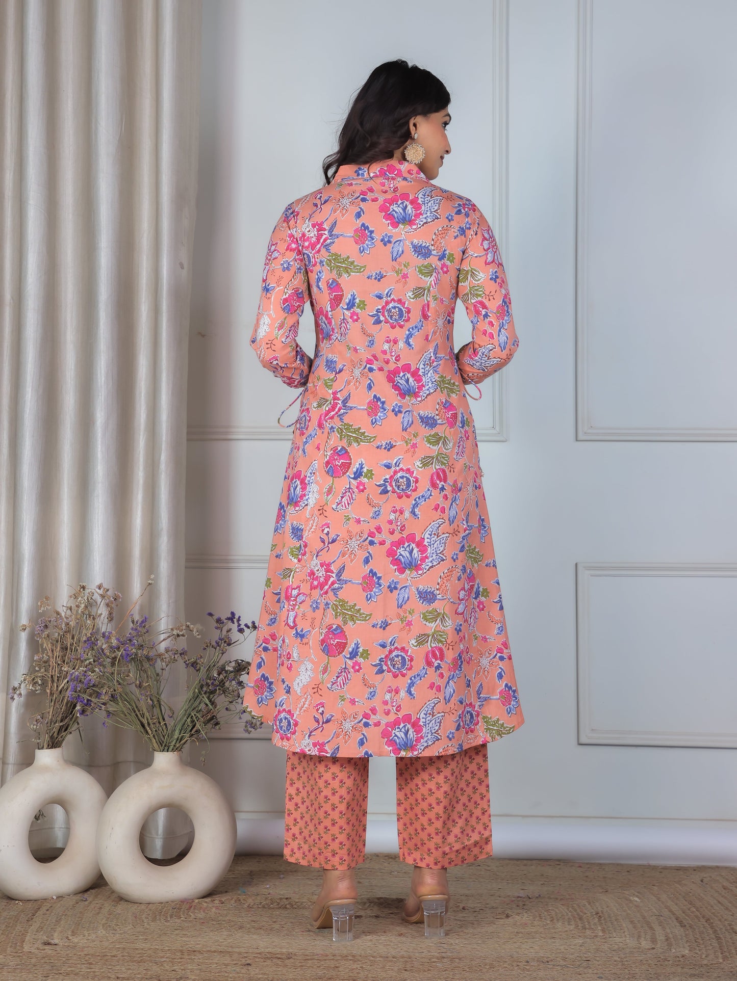 Soft Cotton Floral High Low Peach Kurta