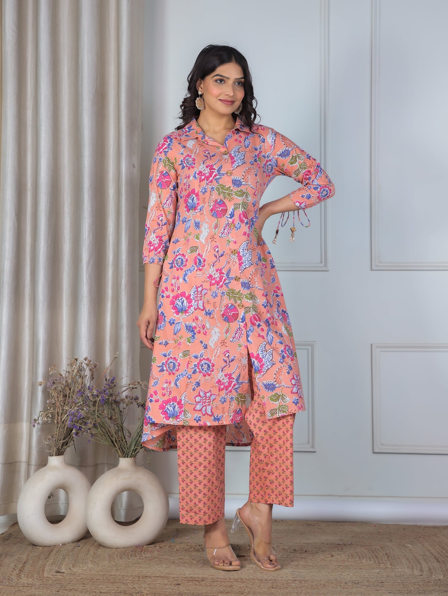 Soft Cotton Floral High Low Peach Kurta