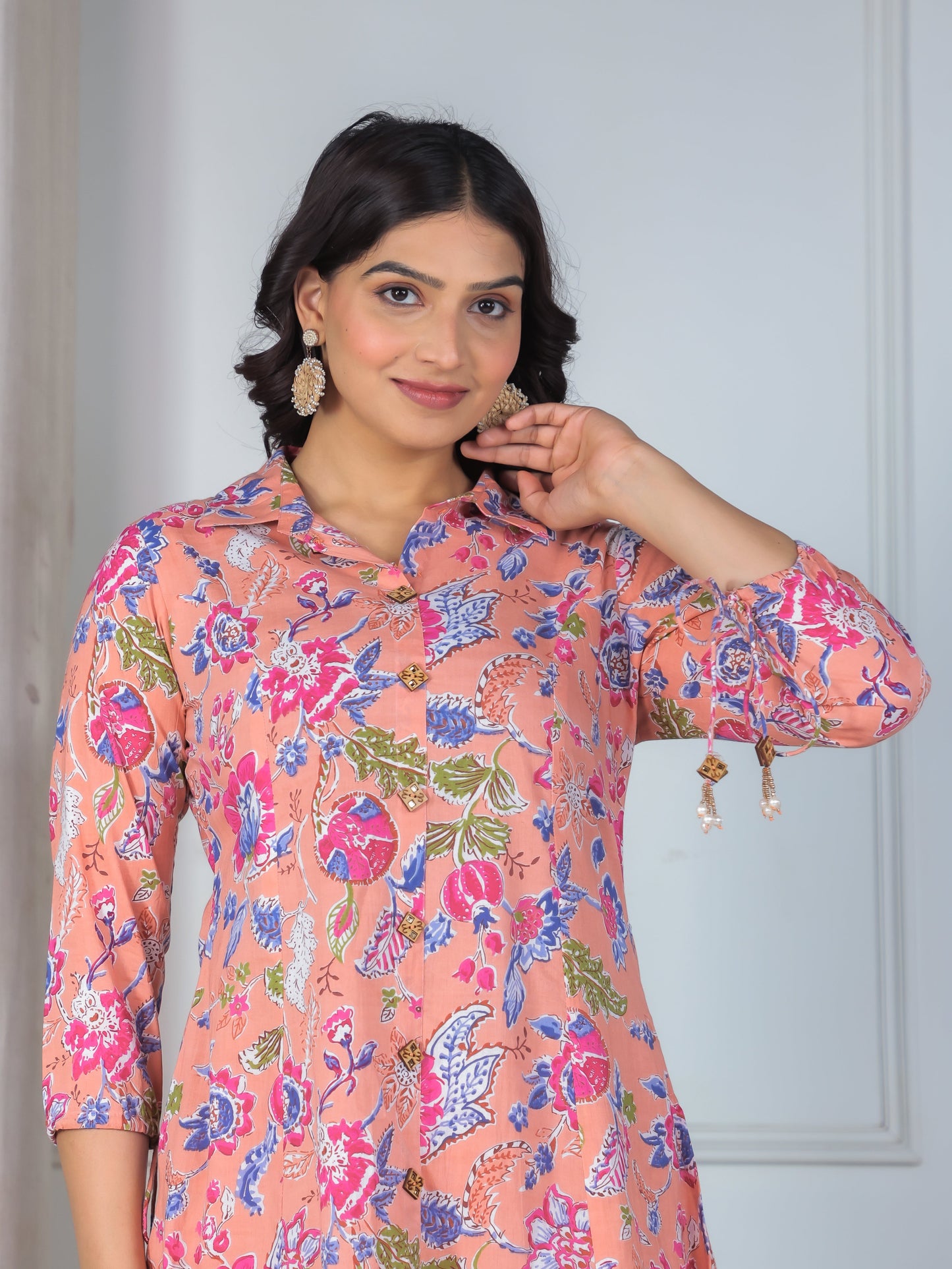 Soft Cotton Floral High Low Peach Kurta