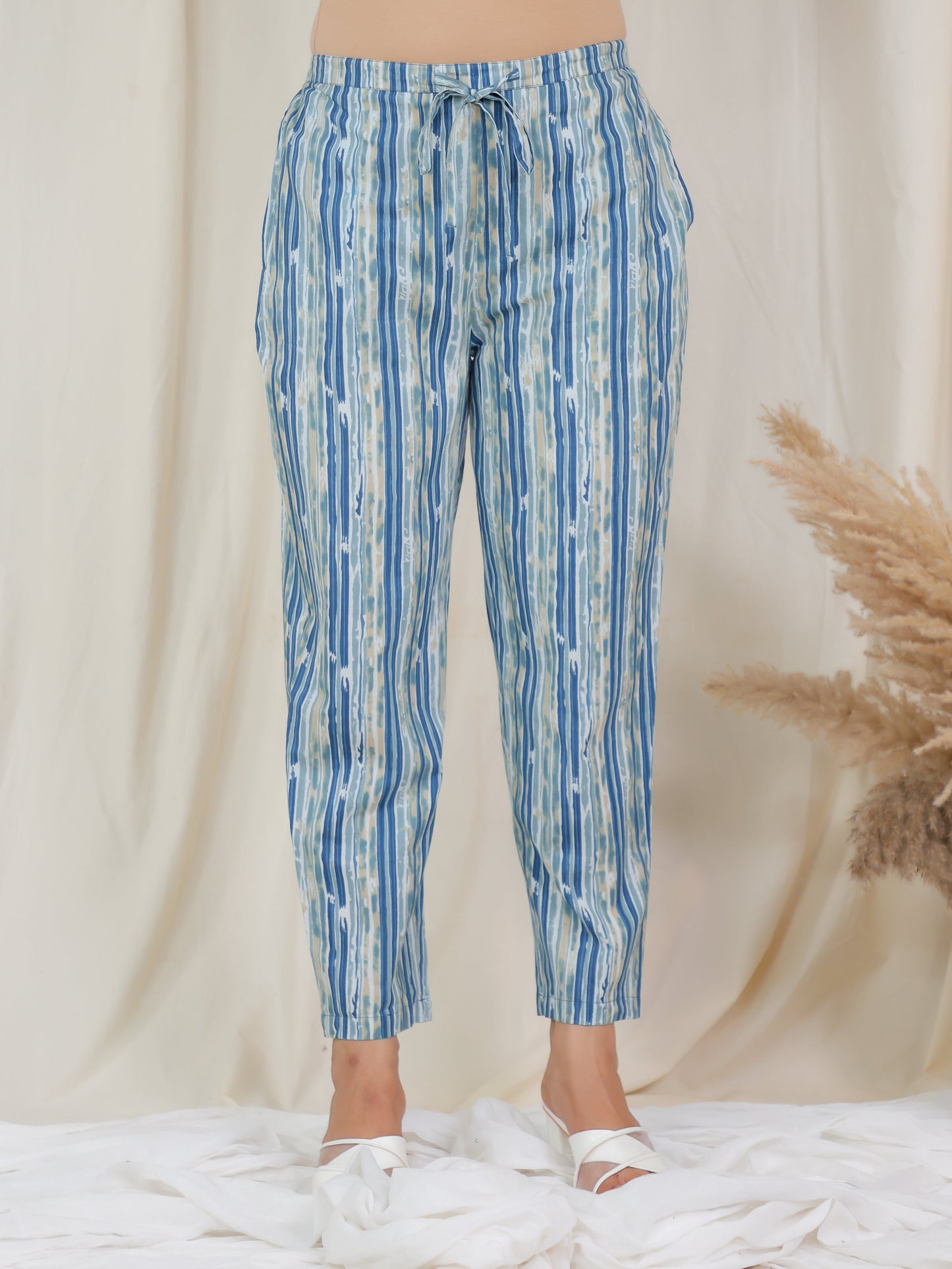 Soft Cotton Striped Blue Tapered Trousers