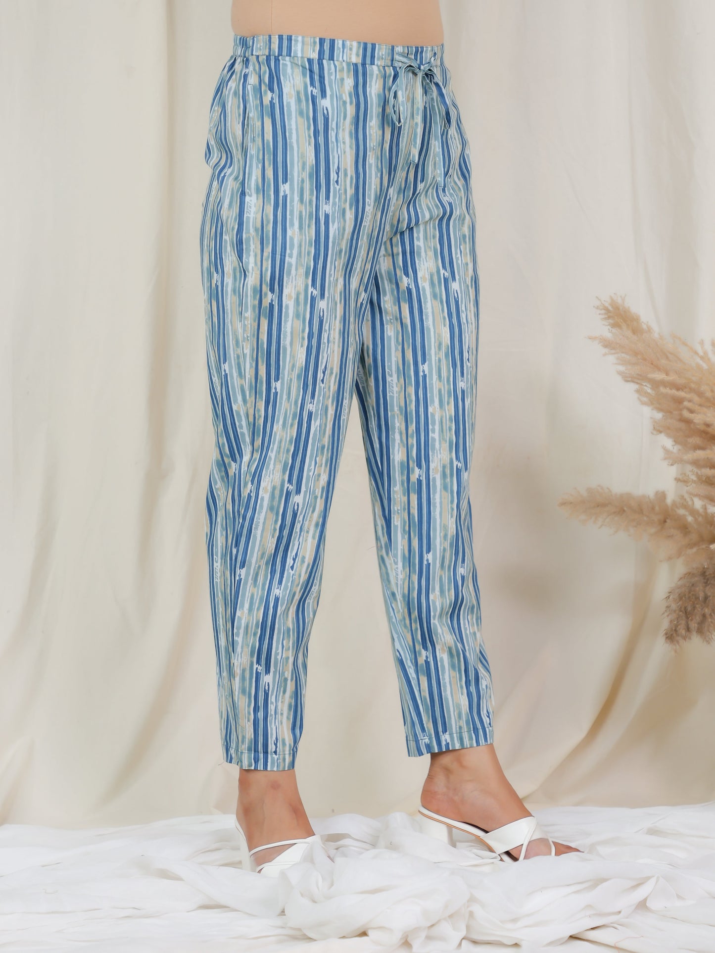 Soft Cotton Striped Blue Tapered Trousers