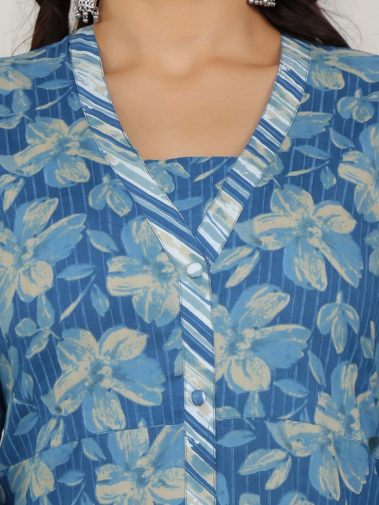 Soft Cotton Floral Straight Blue Kurta
