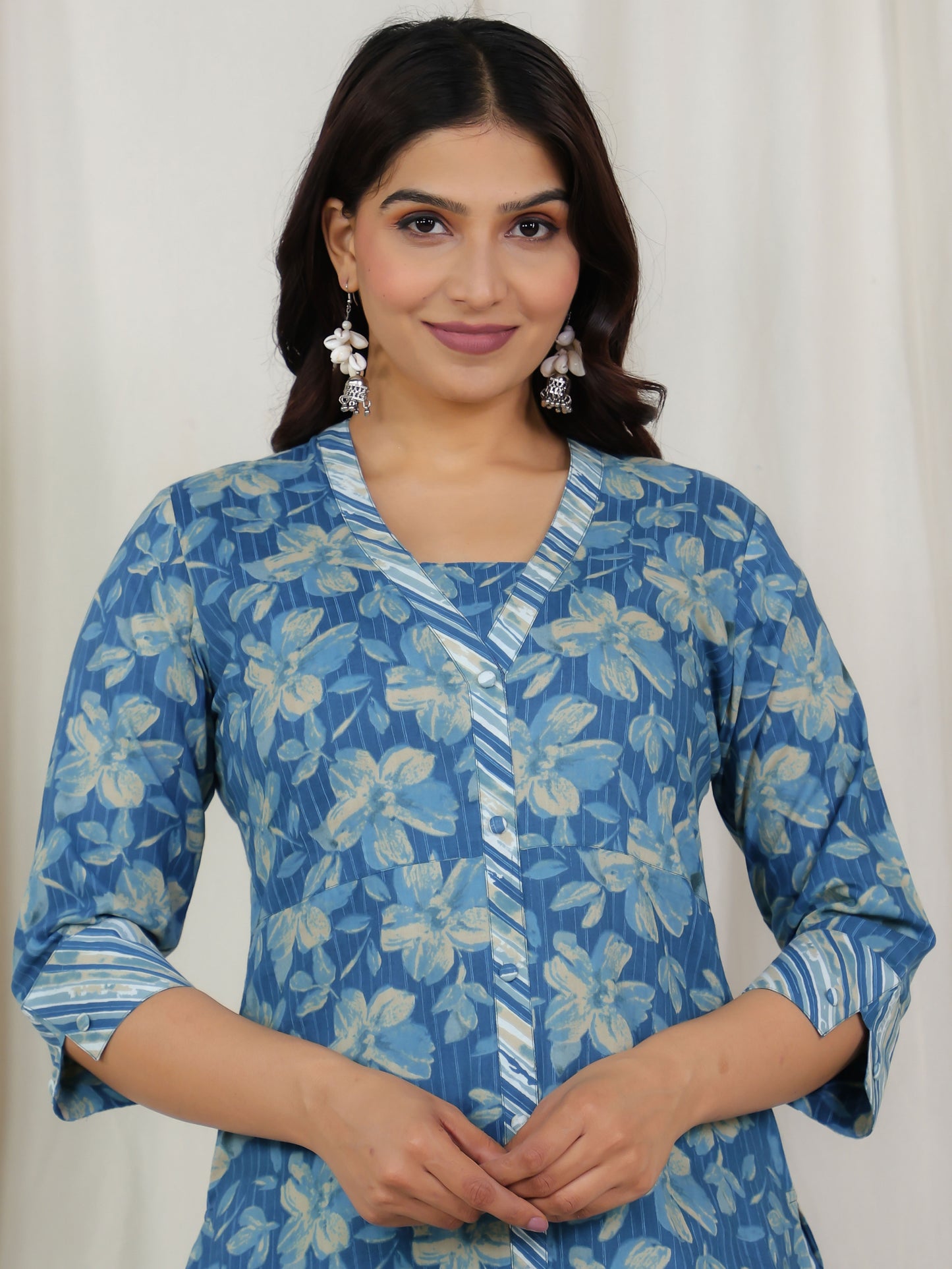 Soft Cotton Floral Straight Blue Kurta