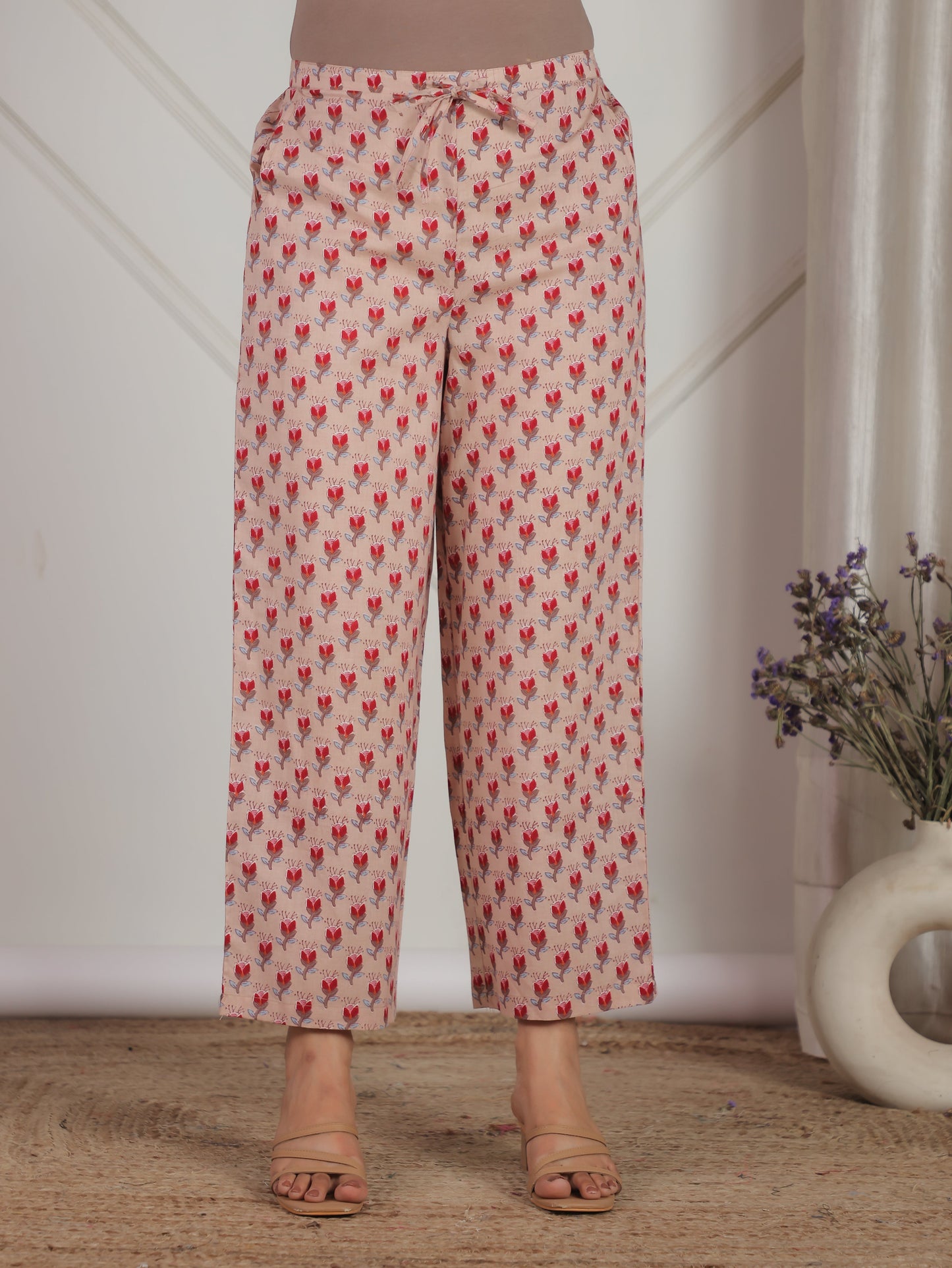 Soft Cotton Floral Beige Straight Straight Trousers