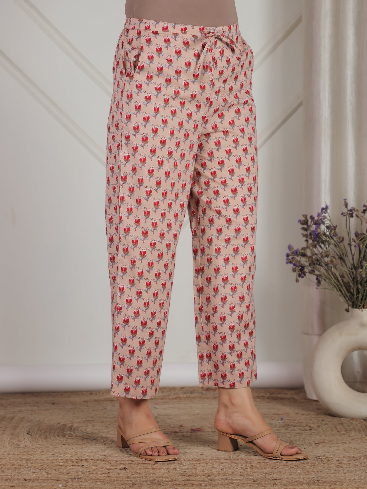 Soft Cotton Floral Beige Straight Straight Trousers