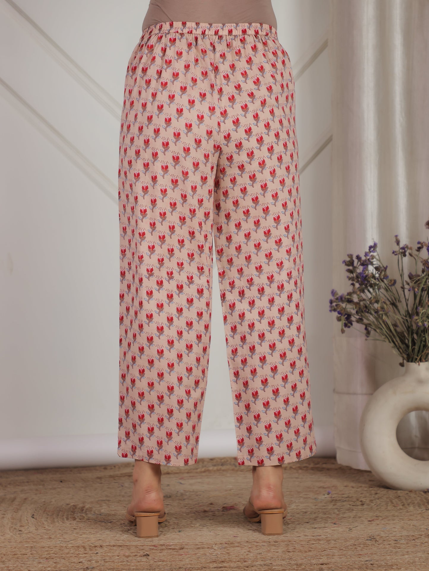 Soft Cotton Floral Beige Straight Straight Trousers