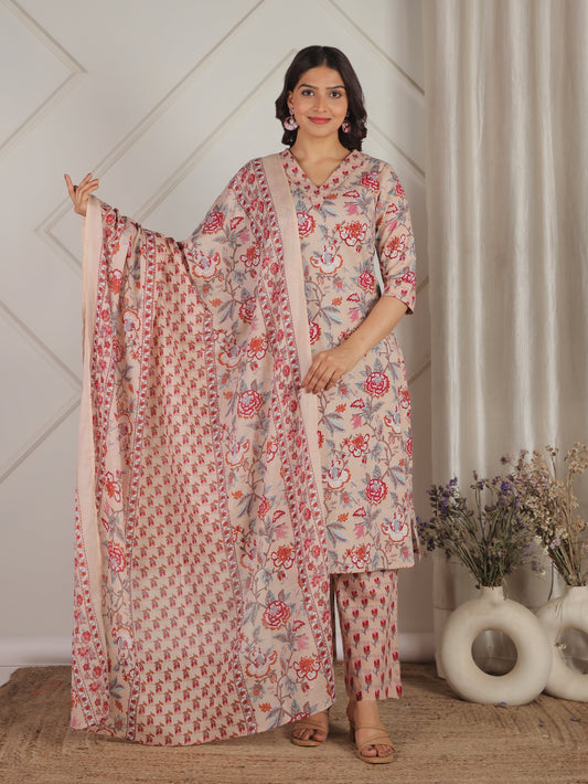 Cotton Voile Floral Beige Dupatta