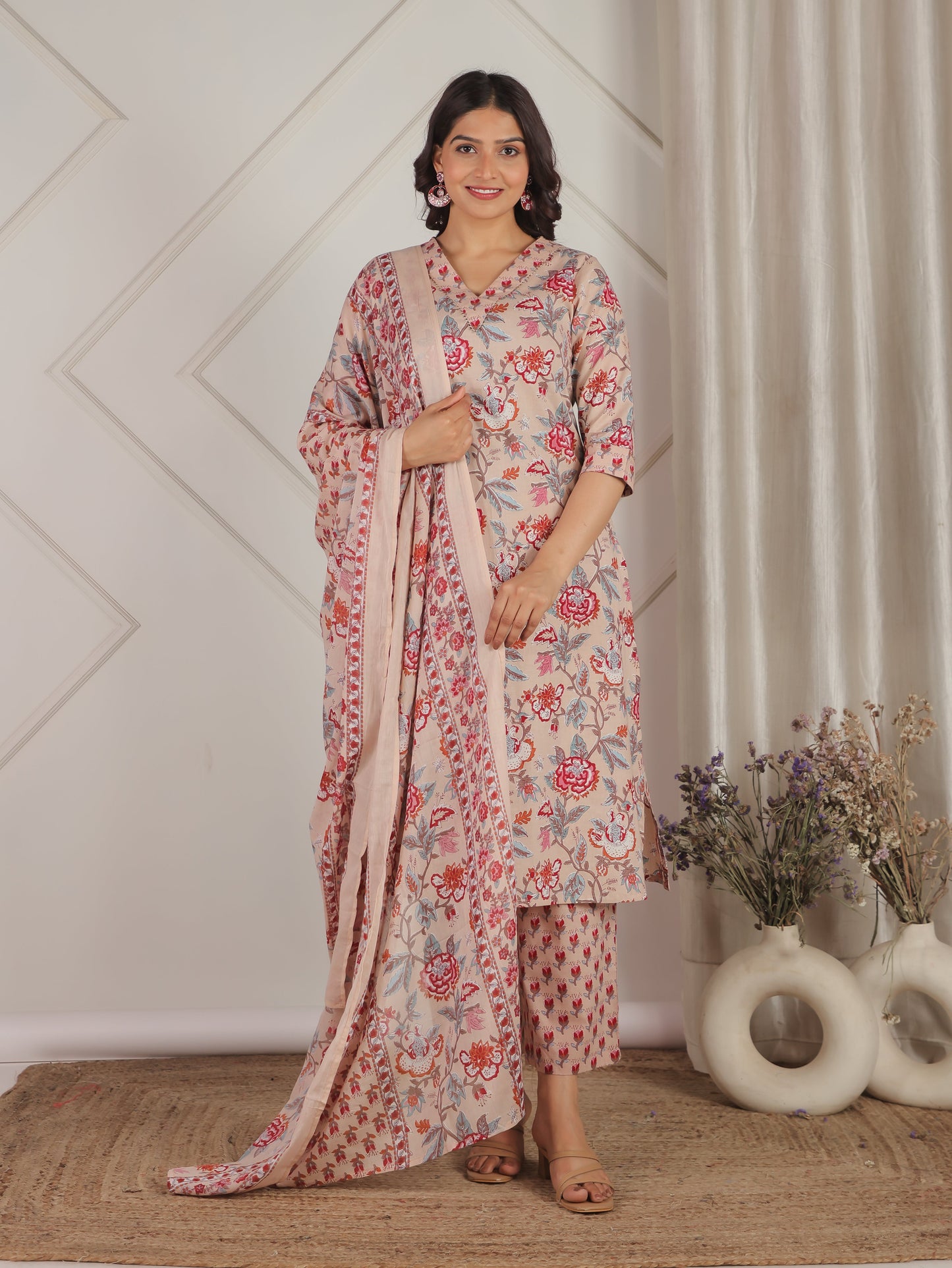 Cotton Voile Floral Beige Dupatta
