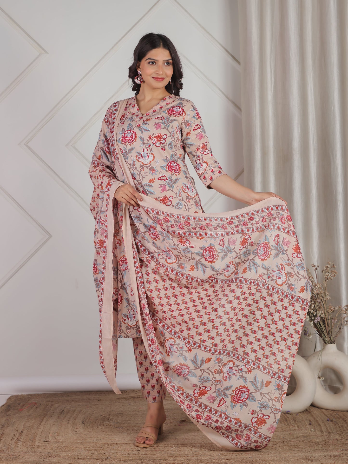 Cotton Voile Floral Beige Dupatta