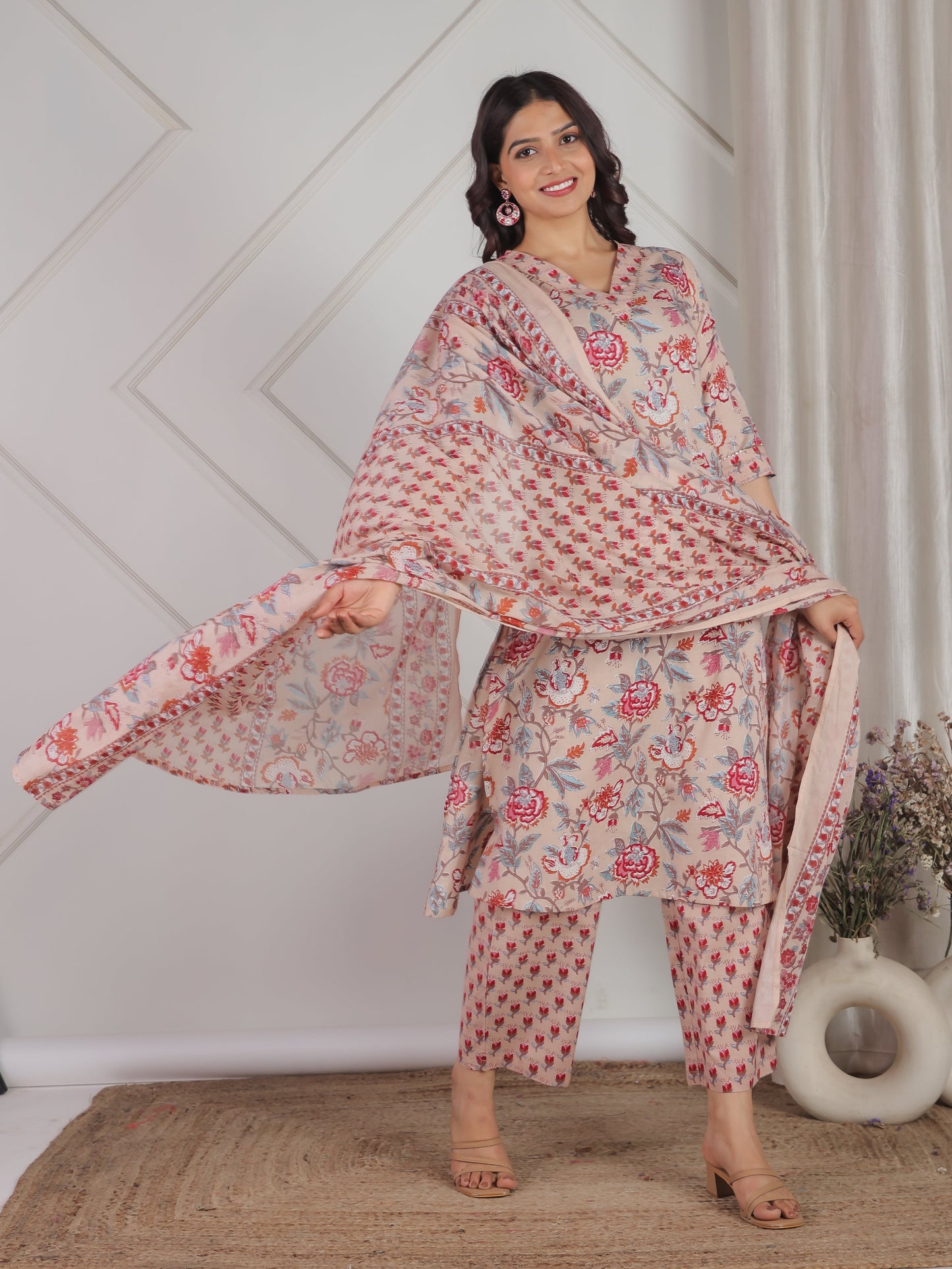 Soft Cotton Floral Straight Beige Kurta