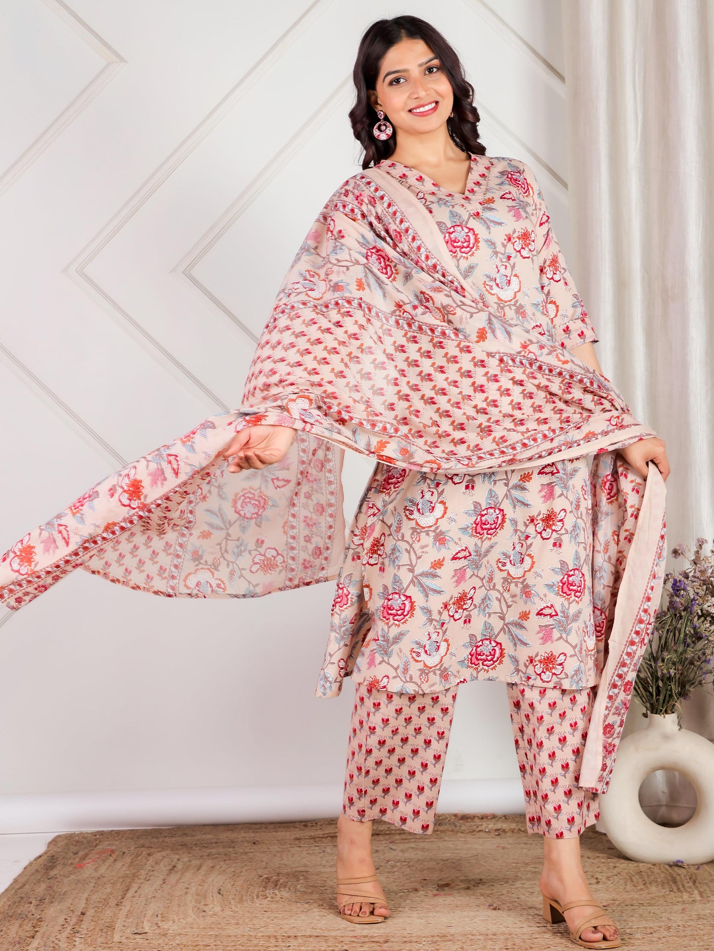 Soft Cotton Floral Straight Beige Kurta