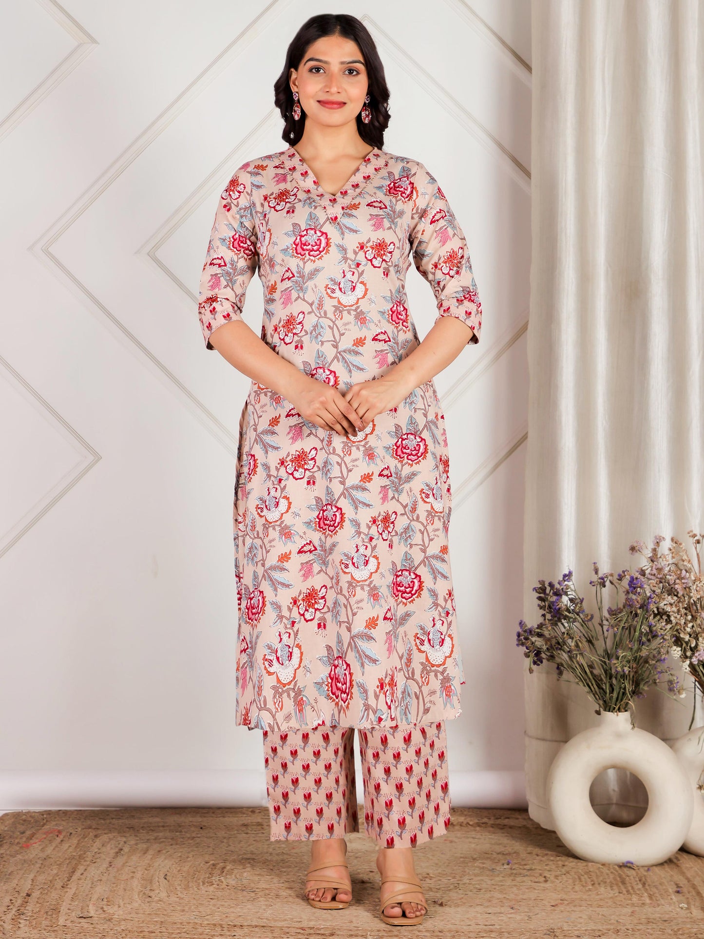 Soft Cotton Floral Straight Beige Kurta