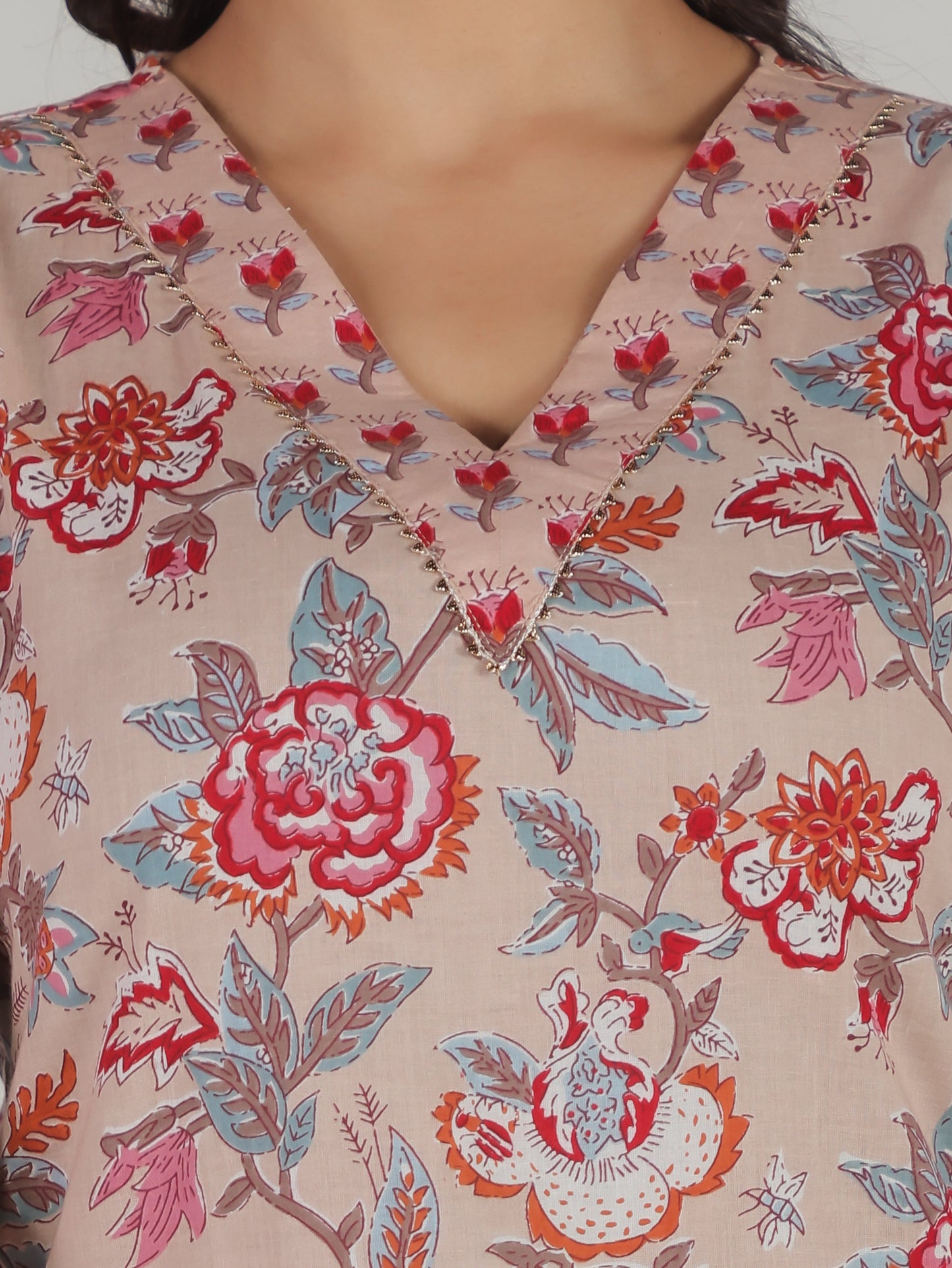 Soft Cotton Floral Straight Beige Kurta