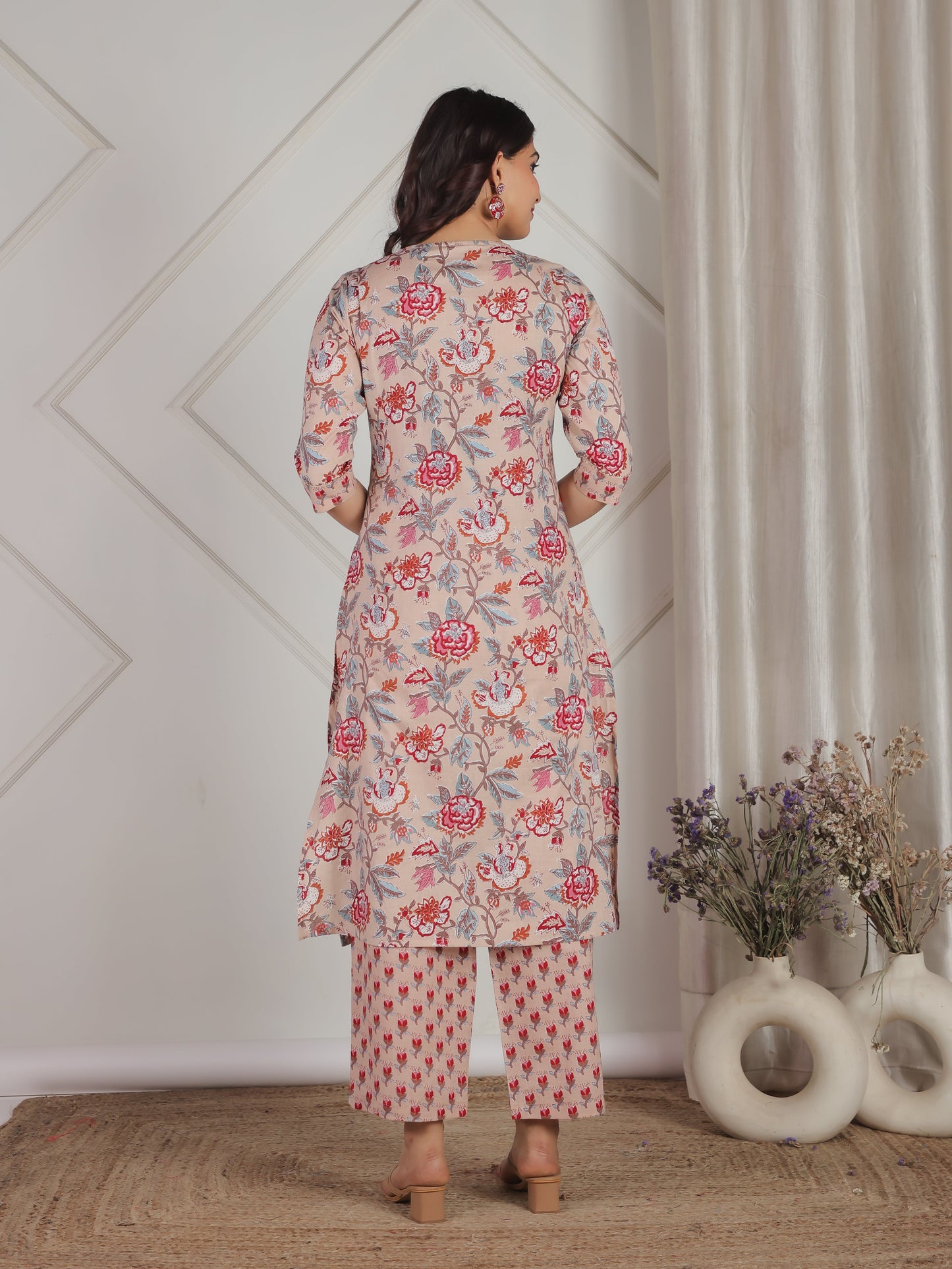 Soft Cotton Floral Straight Beige Kurta