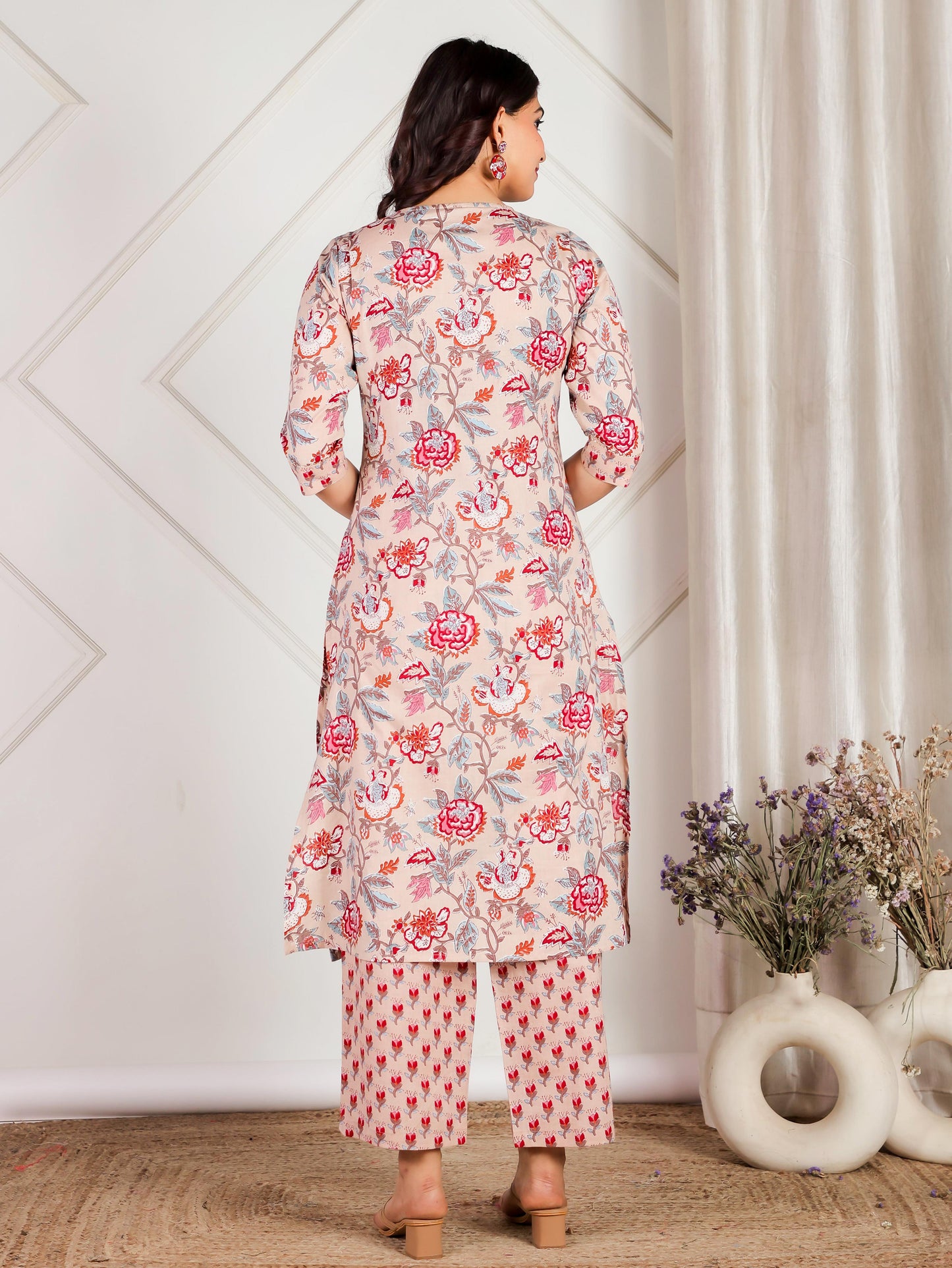 Soft Cotton Floral Straight Beige Kurta