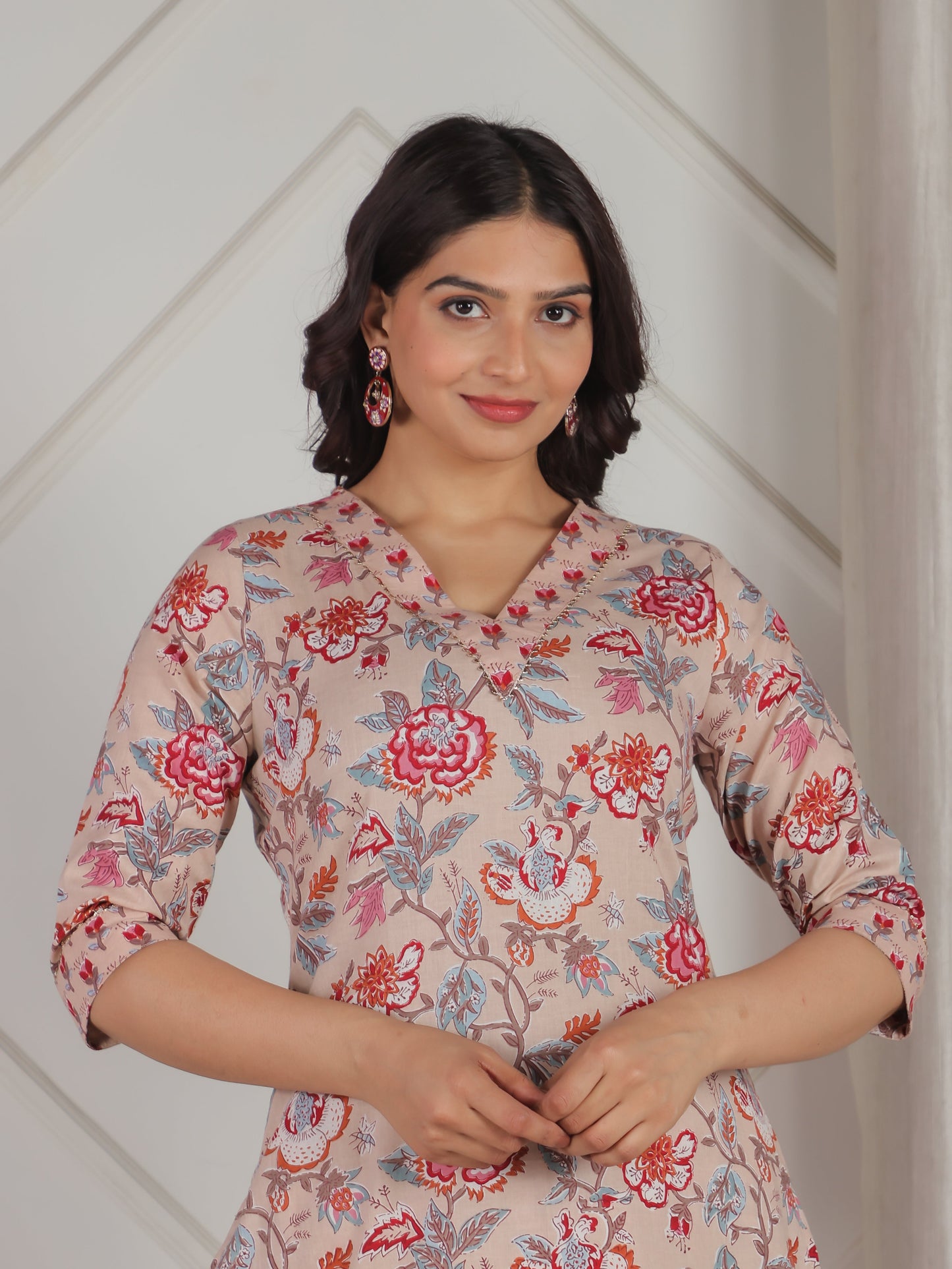 Soft Cotton Floral Straight Beige Kurta