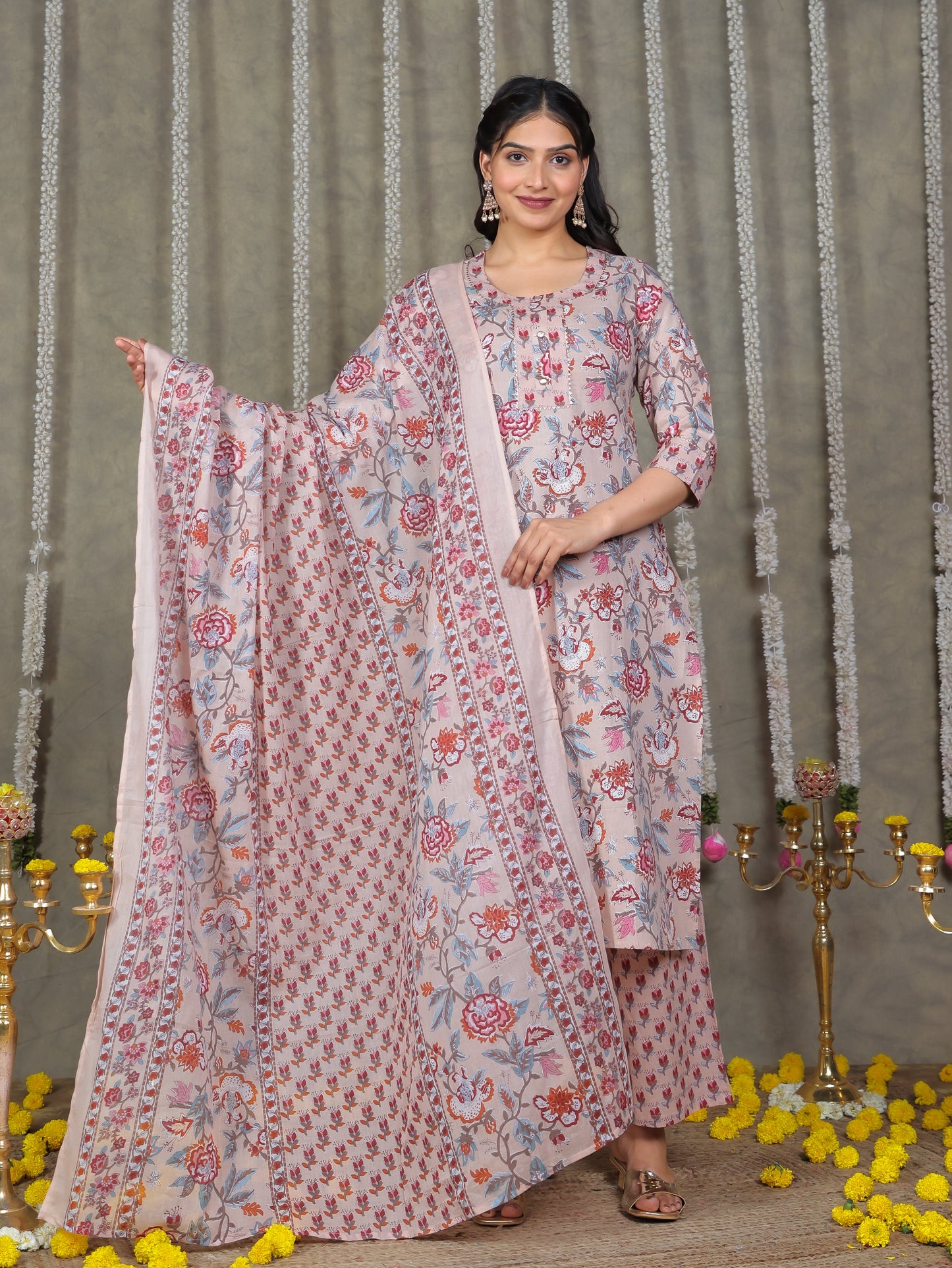 Cotton Voile Floral Beige Dupatta