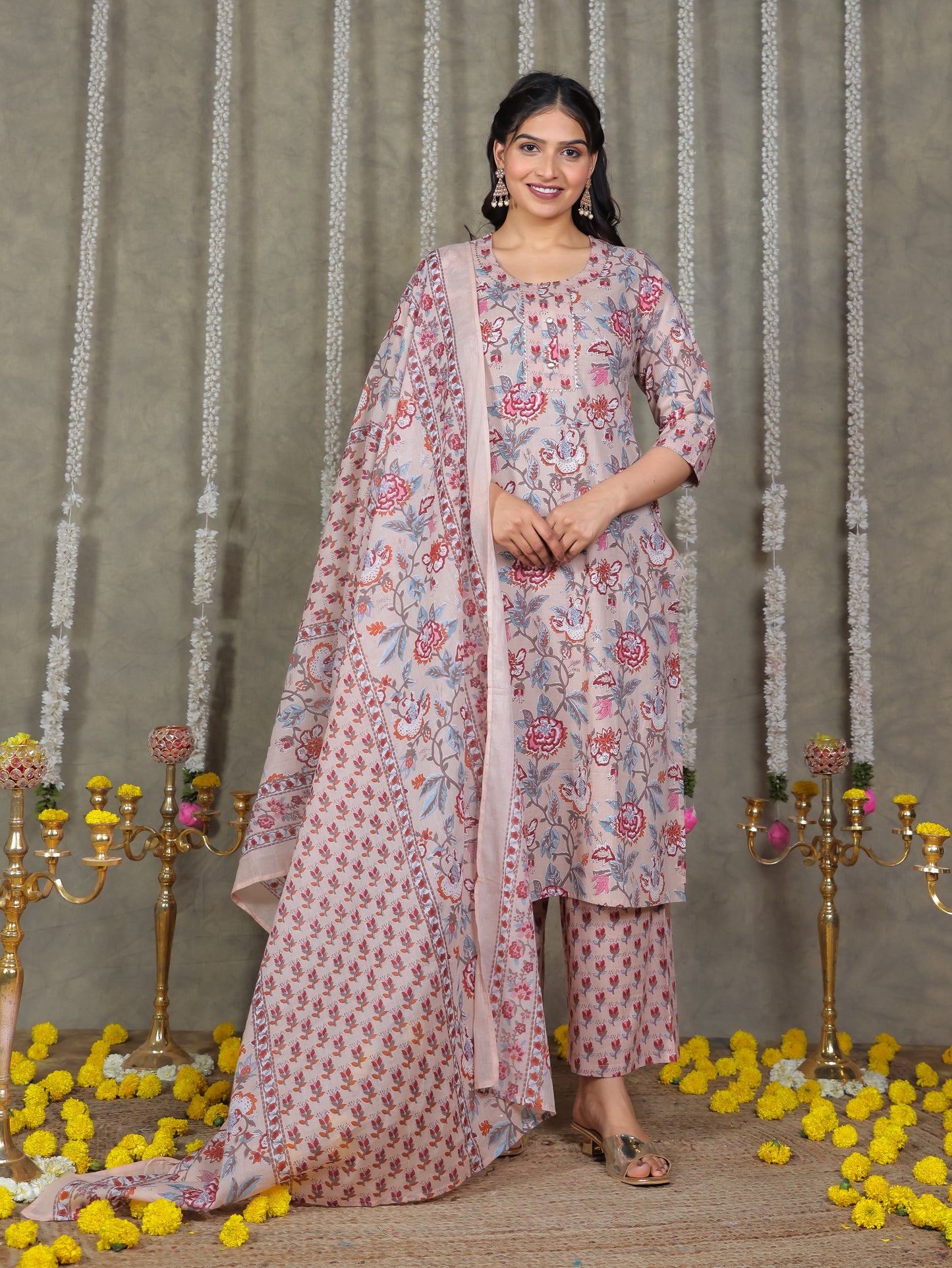 Soft Cotton Floral Straight Beige Kurta
