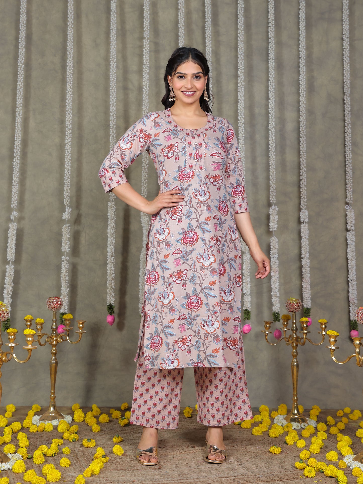 Soft Cotton Floral Straight Beige Kurta
