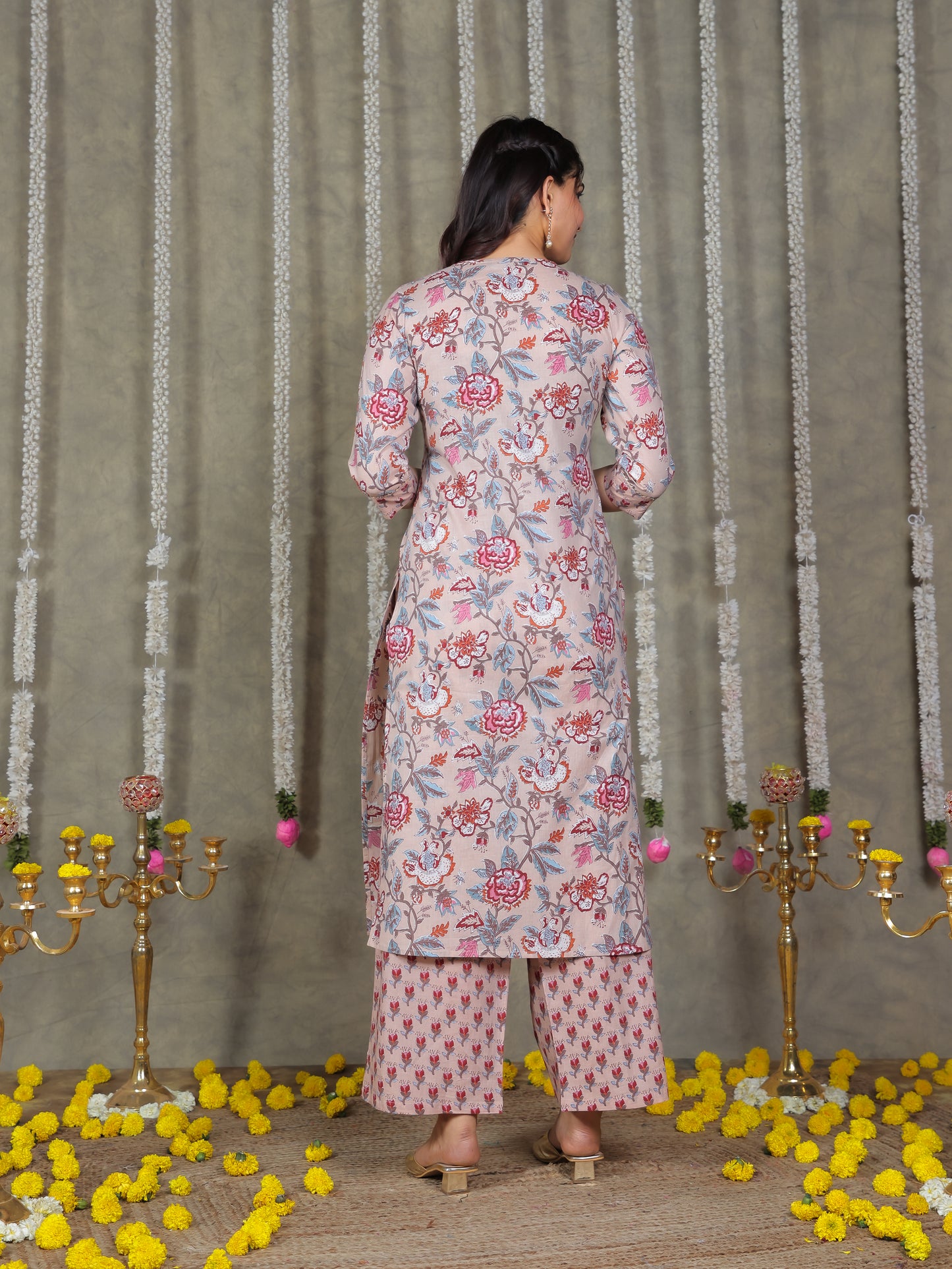Soft Cotton Floral Straight Beige Kurta