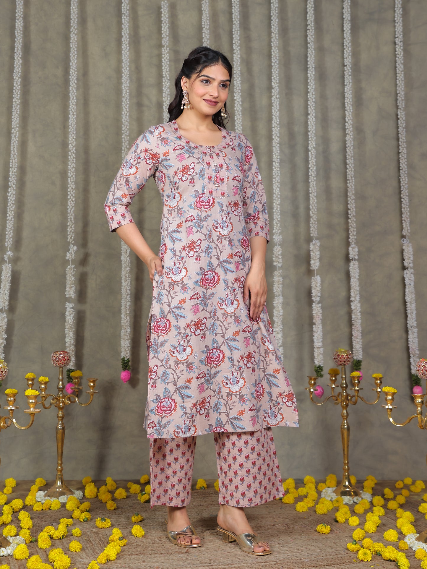 Soft Cotton Floral Straight Beige Kurta