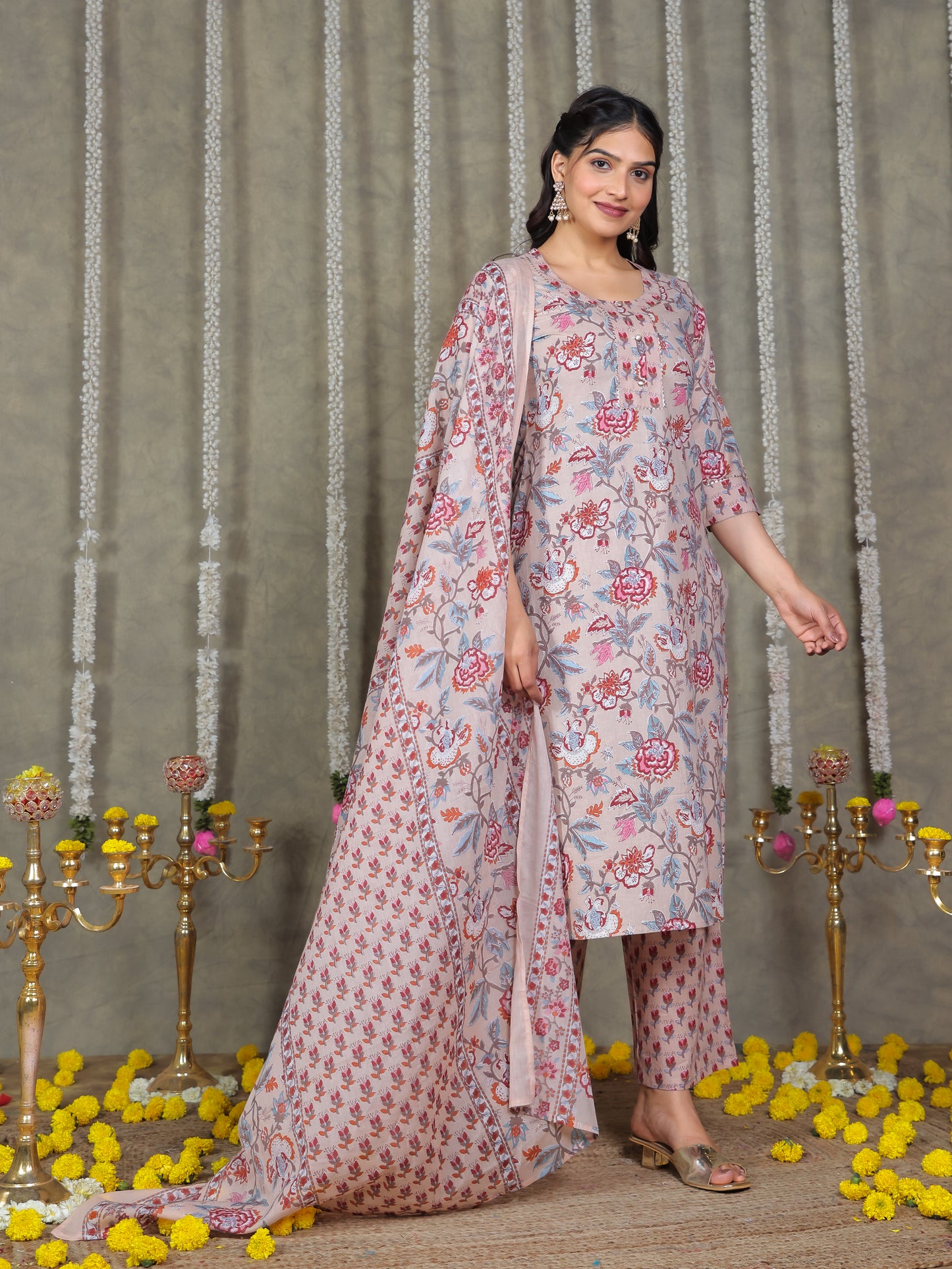Soft Cotton Floral Straight Beige Kurta
