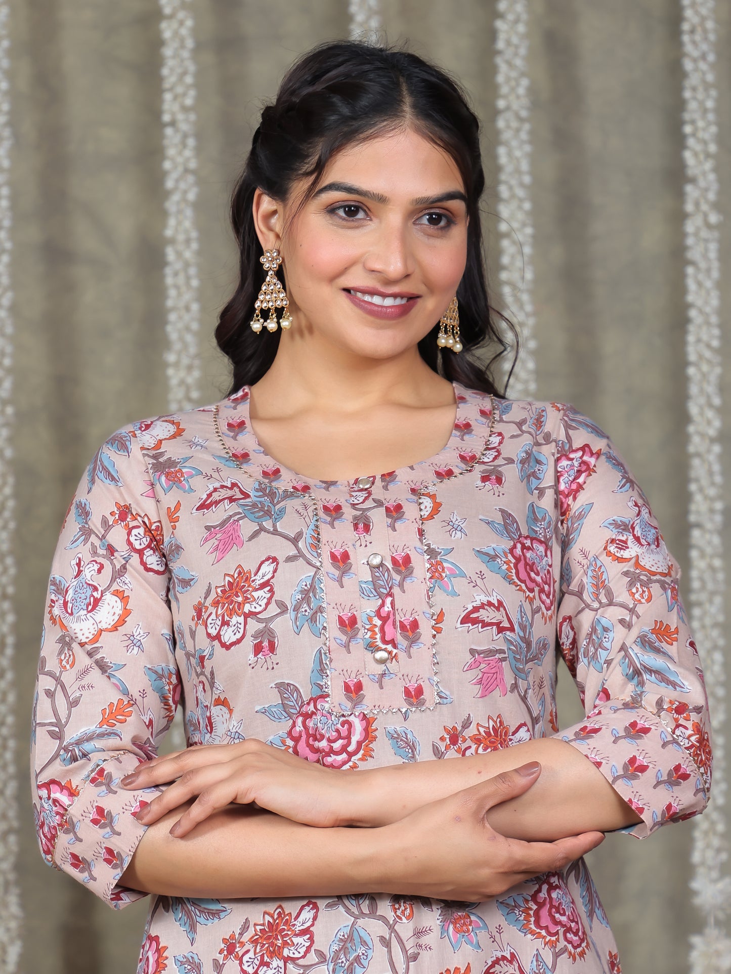 Soft Cotton Floral Straight Beige Kurta