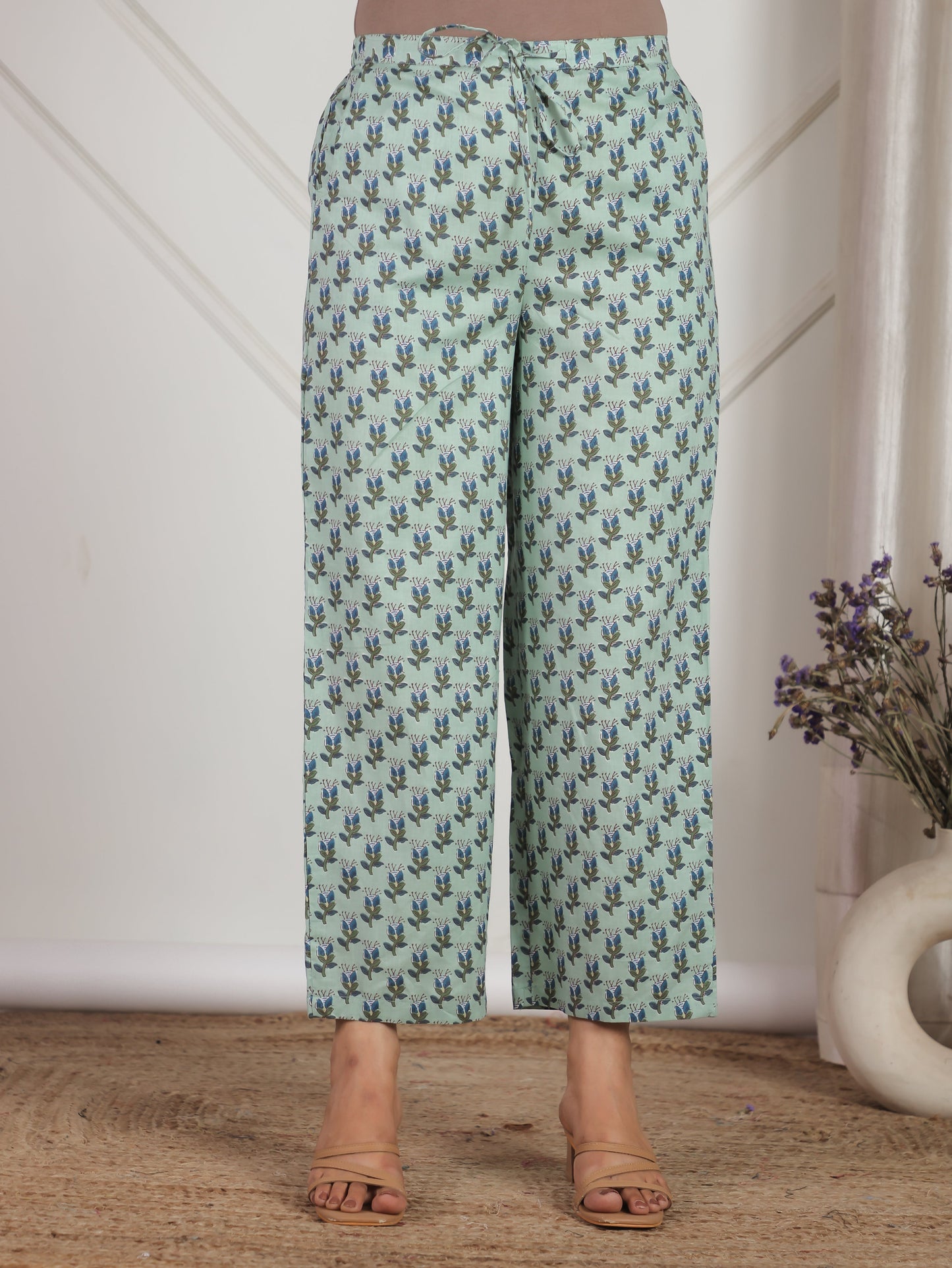 Soft Cotton Floral Green Straight Trousers