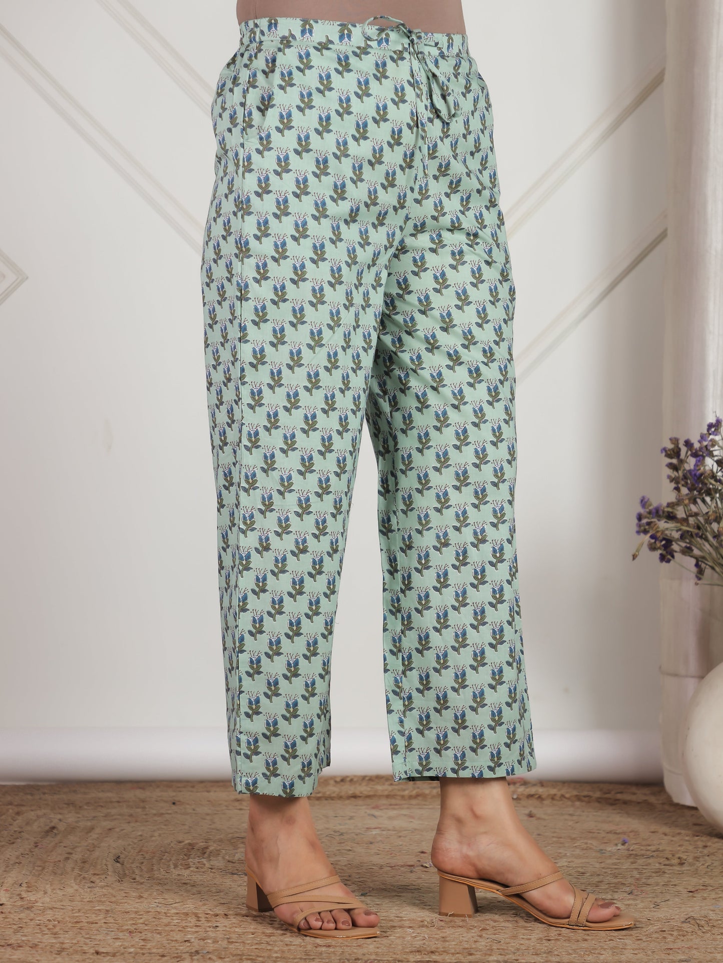 Soft Cotton Floral Green Straight Trousers