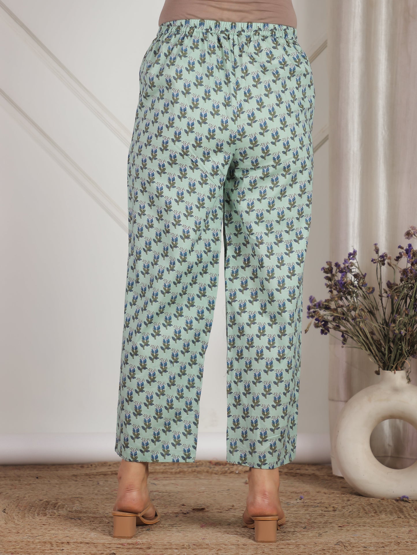 Soft Cotton Floral Green Straight Trousers