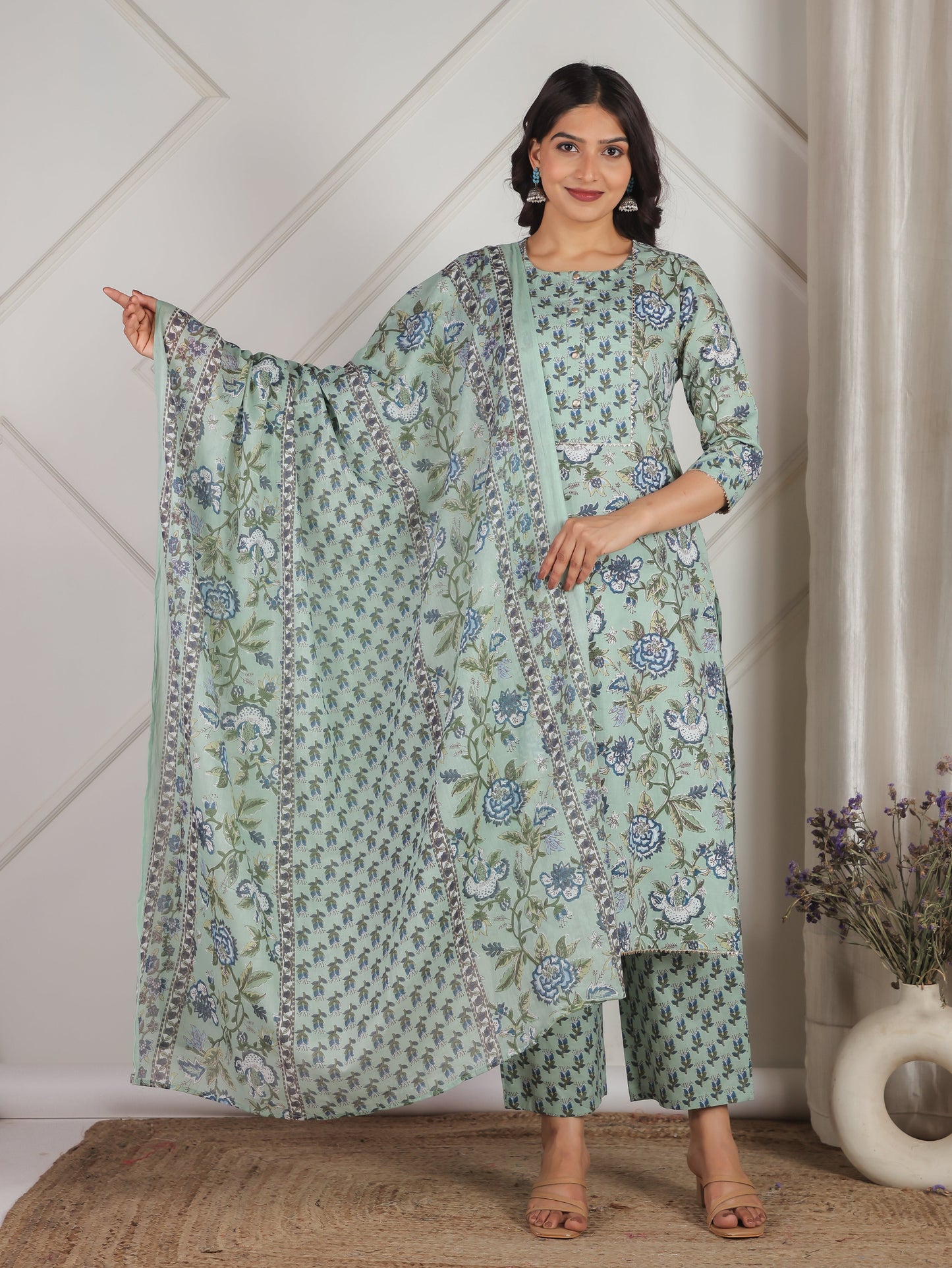 Cotton Voile Floral Green Dupatta