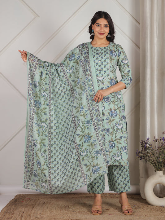 Cotton Voile Floral Green Dupatta