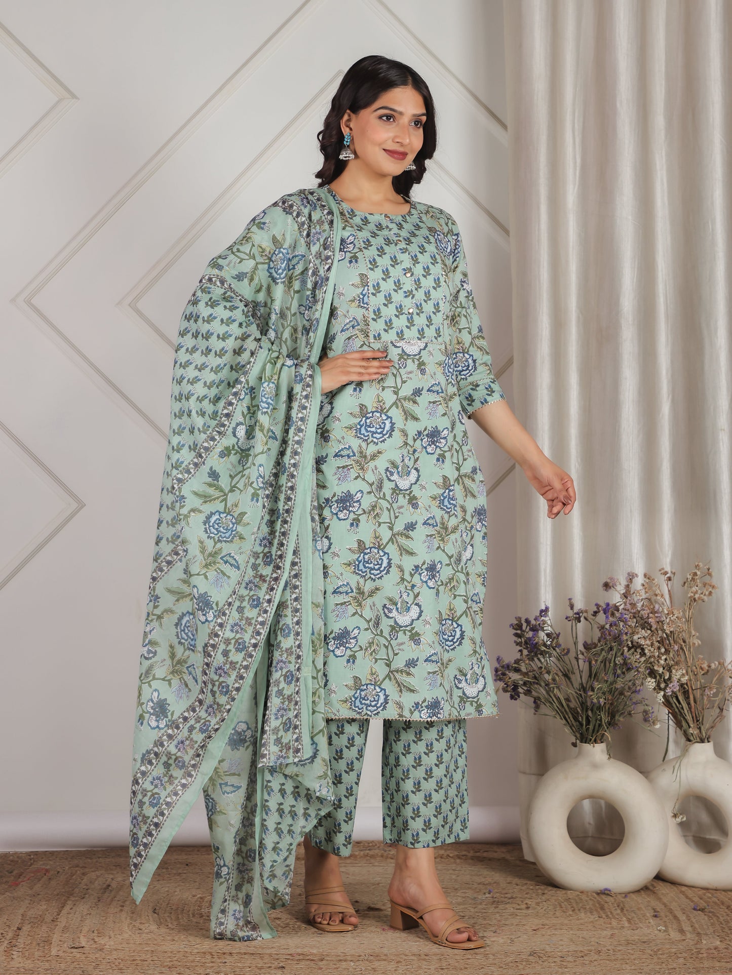 Cotton Voile Floral Green Dupatta