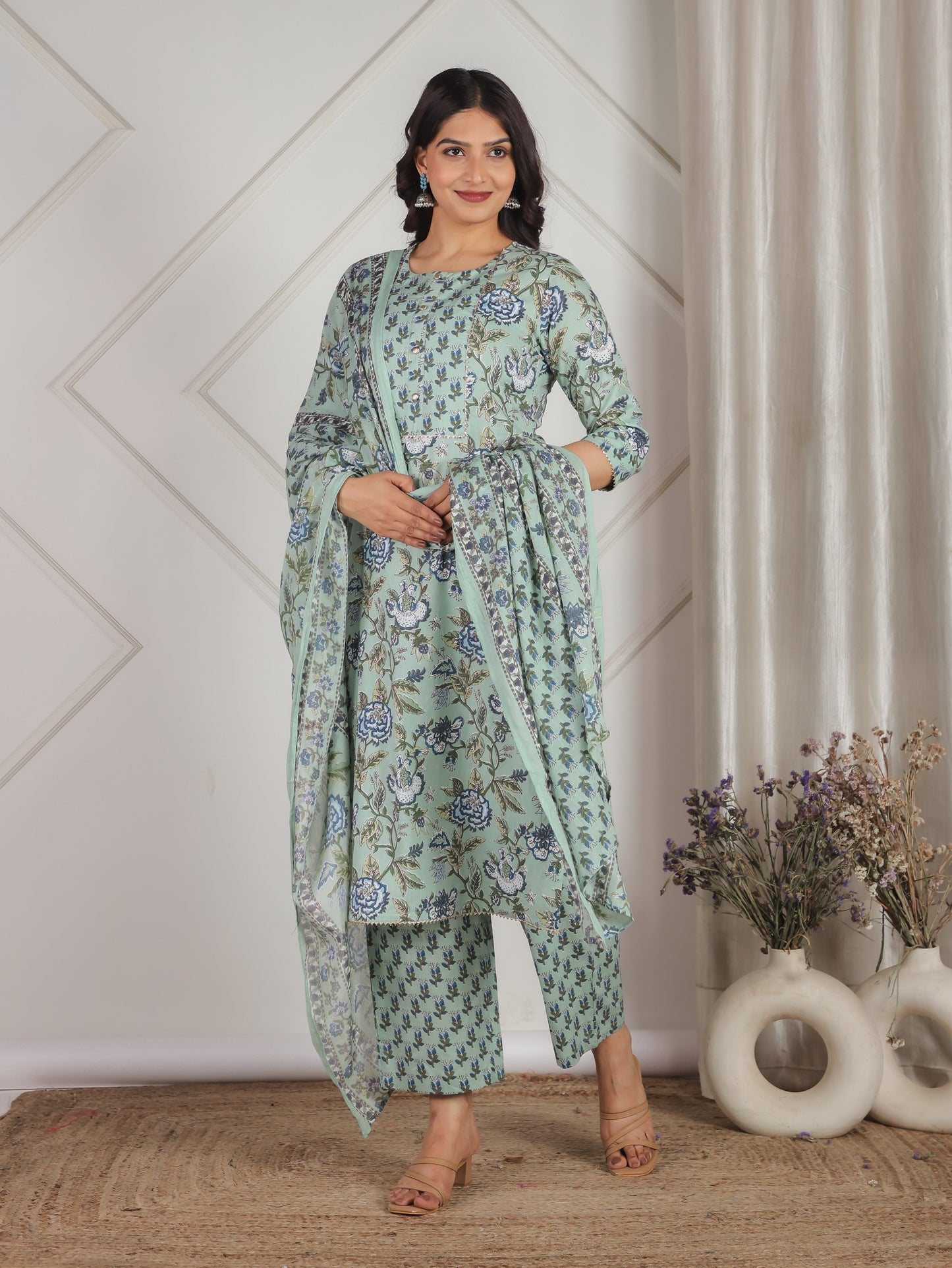 Cotton Voile Floral Green Dupatta