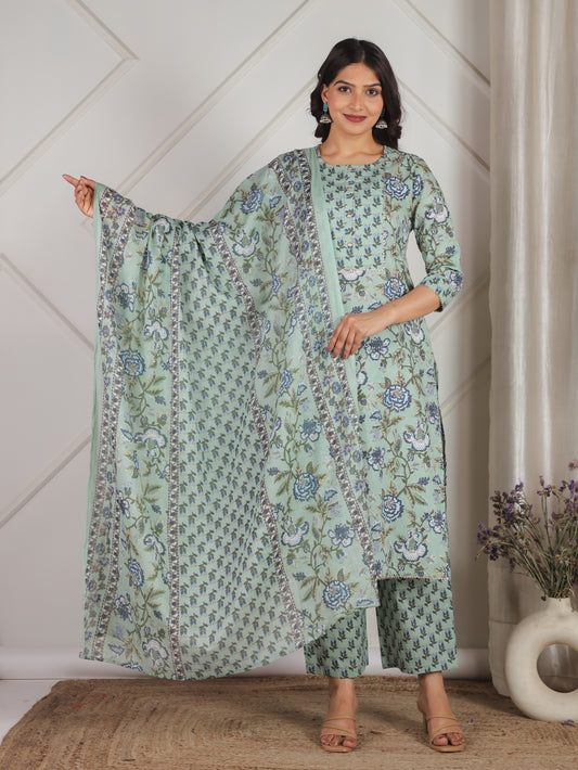 Soft Cotton Floral Straight Green Kurta