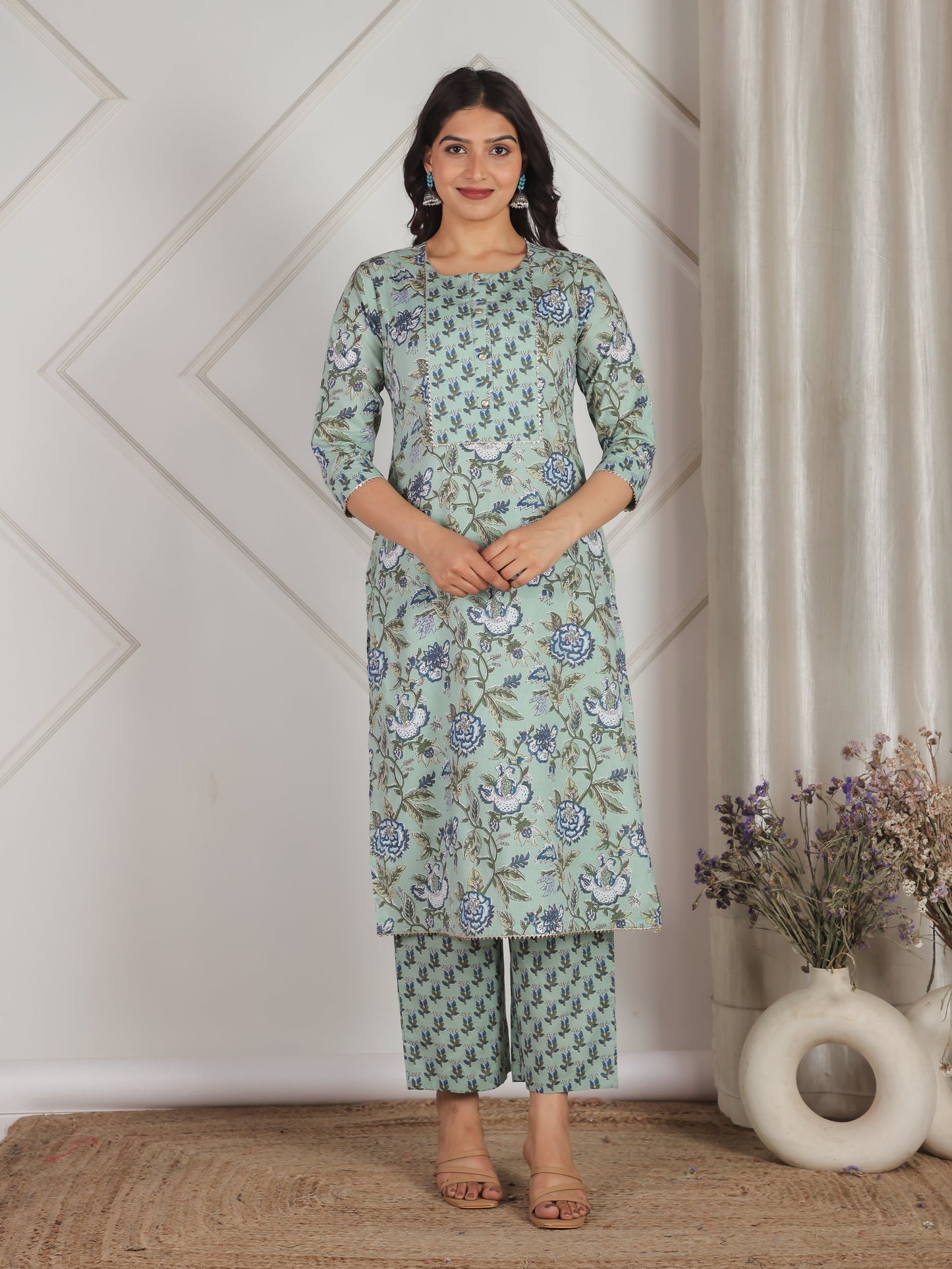 Soft Cotton Floral Straight Green Kurta