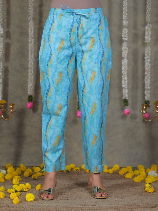 Soft Cotton Abstract Blue Tapered Trousers